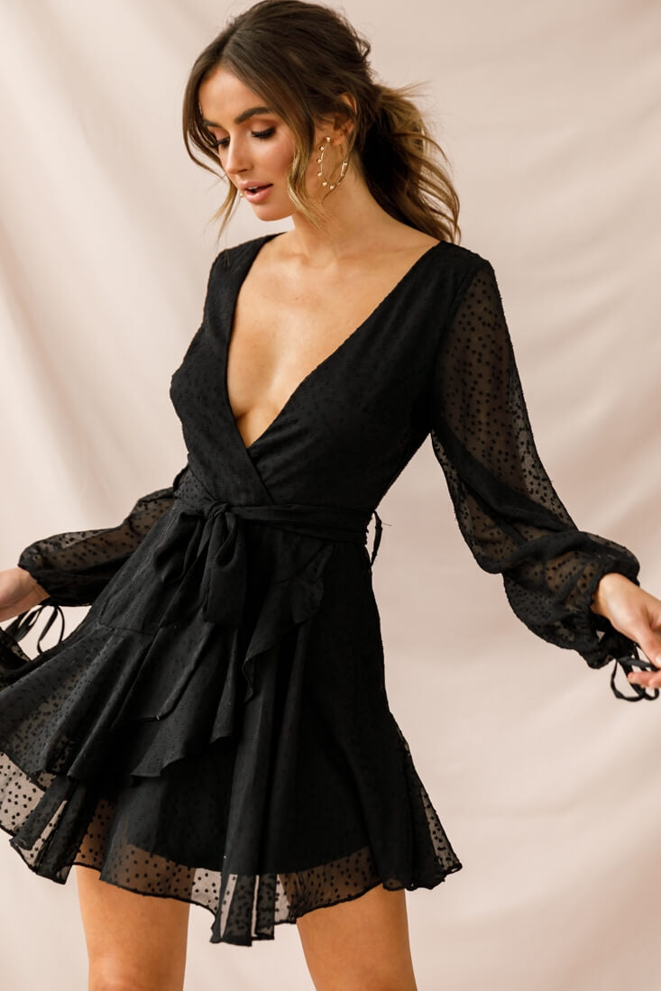 Sheri Hail Spot Chiffon Dress Black-Maymioy