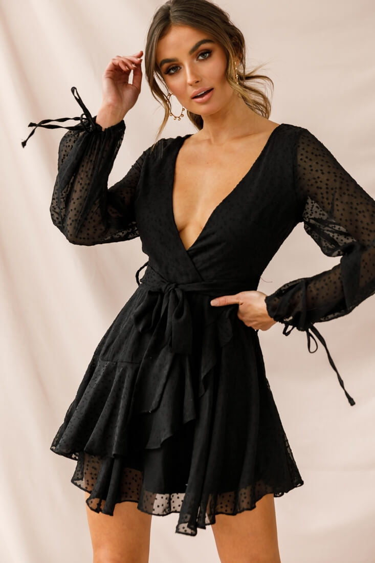 Sheri Hail Spot Chiffon Dress Black-Maymioy
