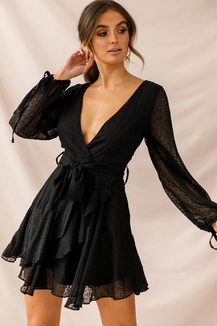 Sheri Hail Spot Chiffon Dress Black-Maymioy