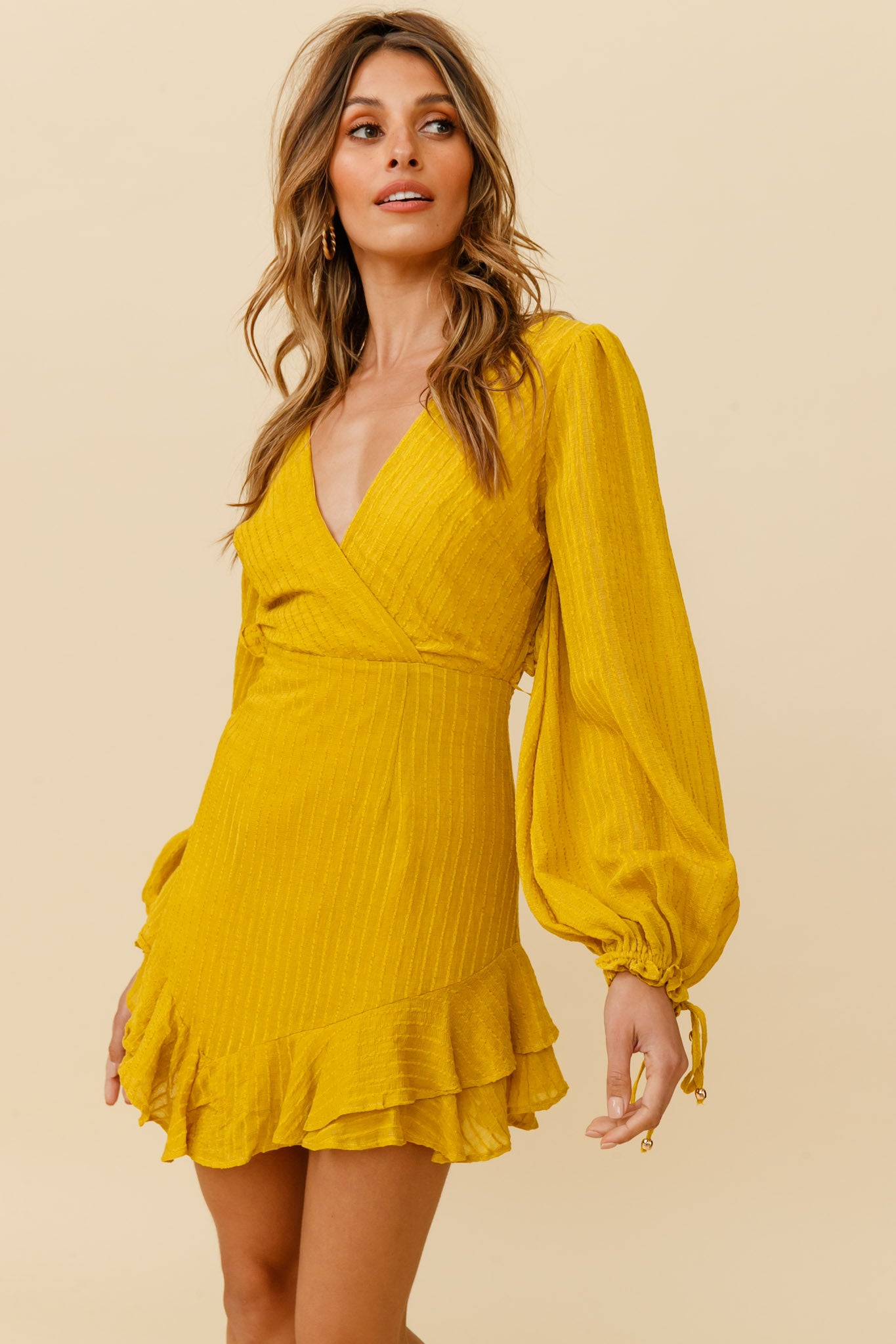 Lilo Surplice Neckline Cut-Out Back Dress Thin Stripe Mustard-Maymioy