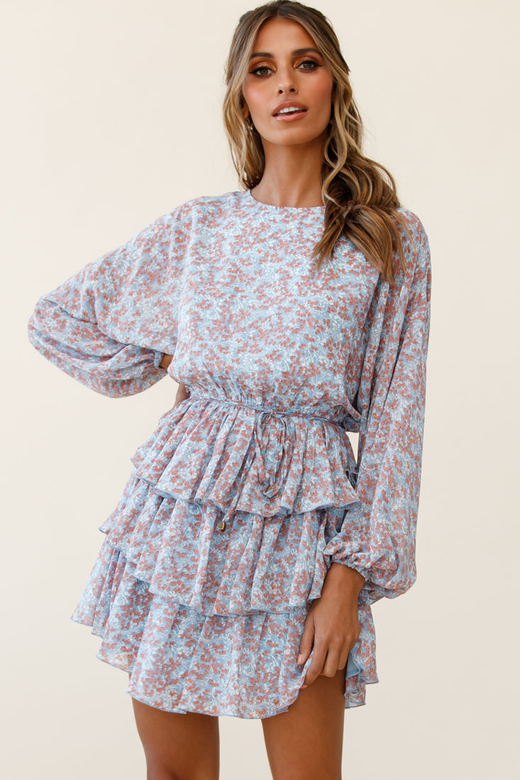 Odessa Long Sleeve Layered Ruffle Dress Floral Print Blue-Maymioy