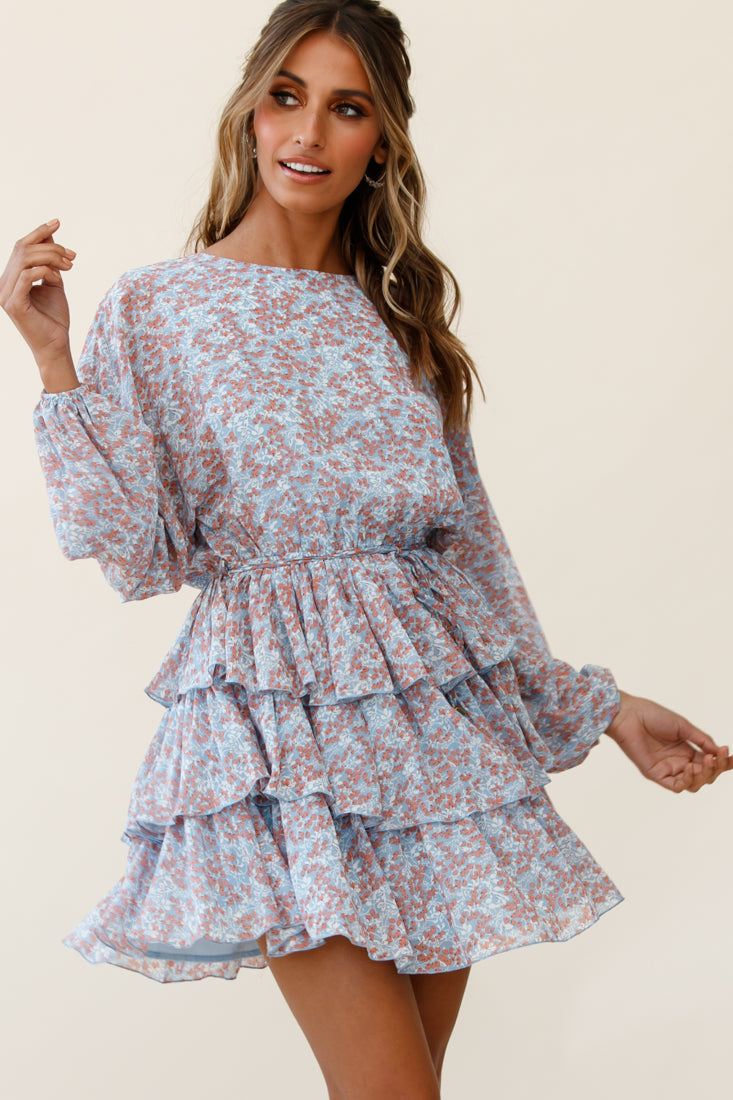 Odessa Long Sleeve Layered Ruffle Dress Floral Print Blue-Maymioy