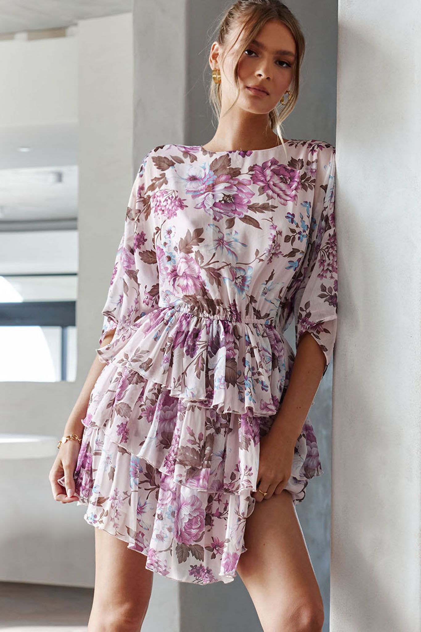 Odessa Long Sleeve Layered Ruffle Dress Rose Print Beige-Maymioy