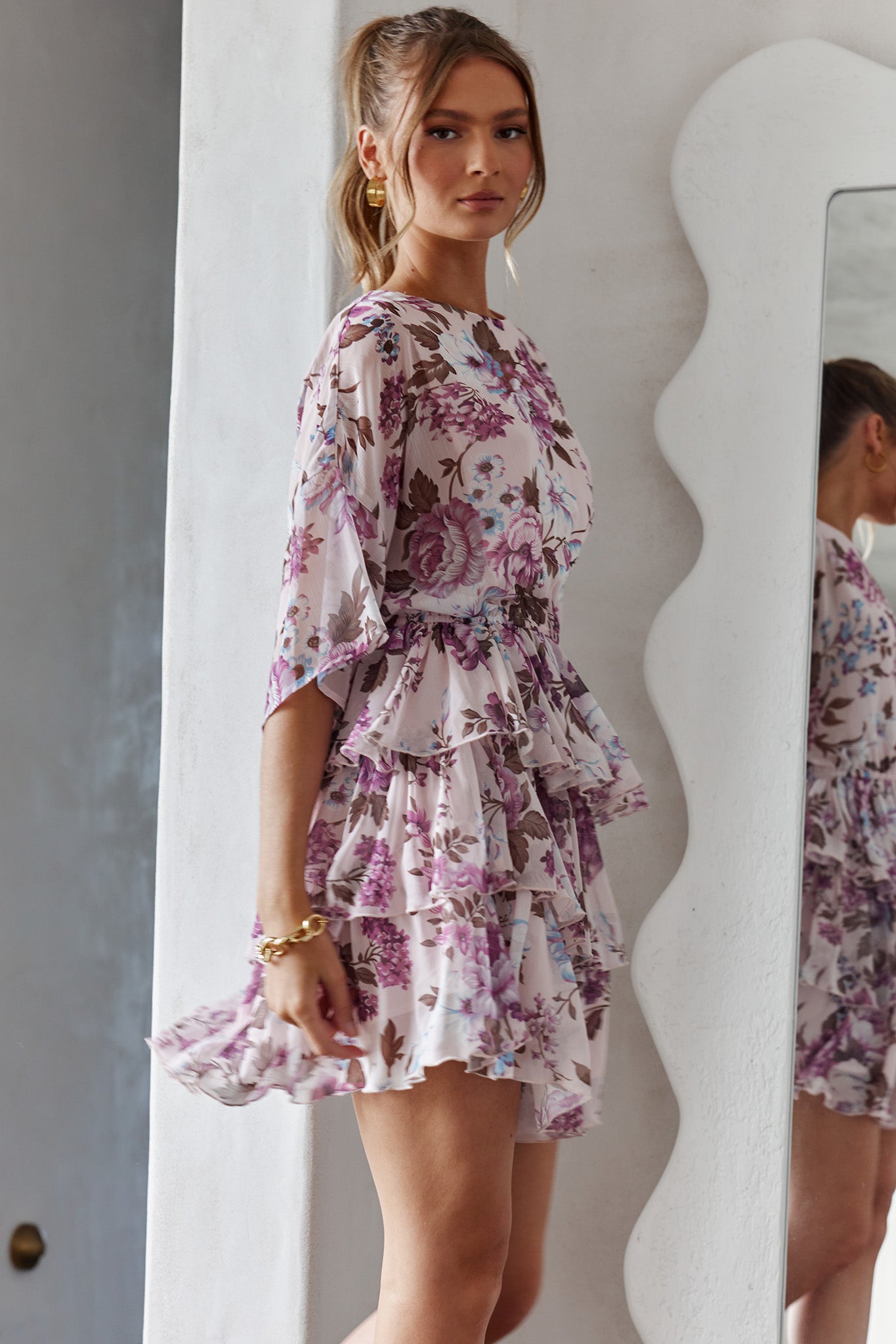 Odessa Long Sleeve Layered Ruffle Dress Rose Print Beige-Maymioy