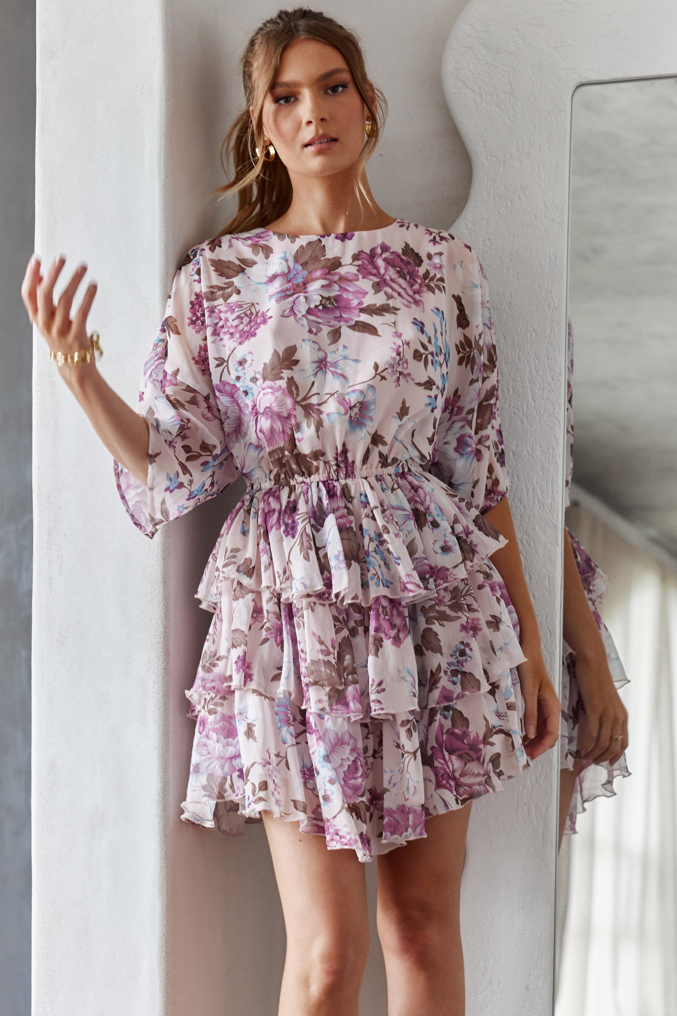 Odessa Long Sleeve Layered Ruffle Dress Rose Print Beige-Maymioy
