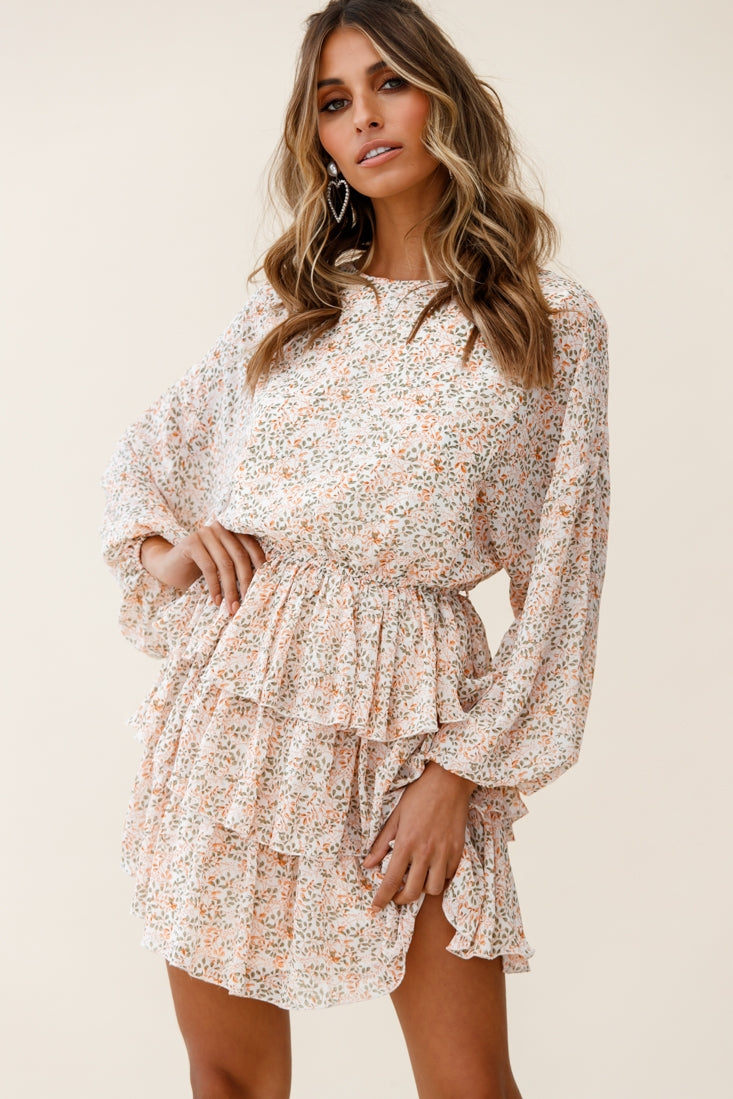 Odessa Long Sleeve Layered Ruffle Dress Floral Print Nude-Maymioy