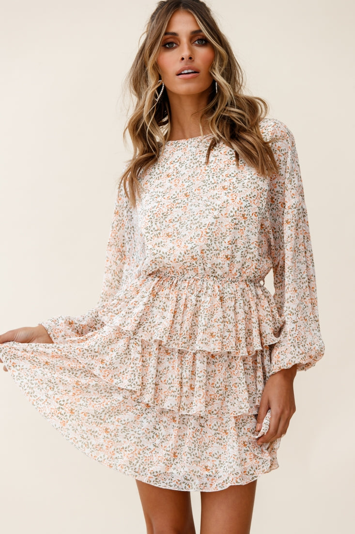 Odessa Long Sleeve Layered Ruffle Dress Floral Print Nude-Maymioy