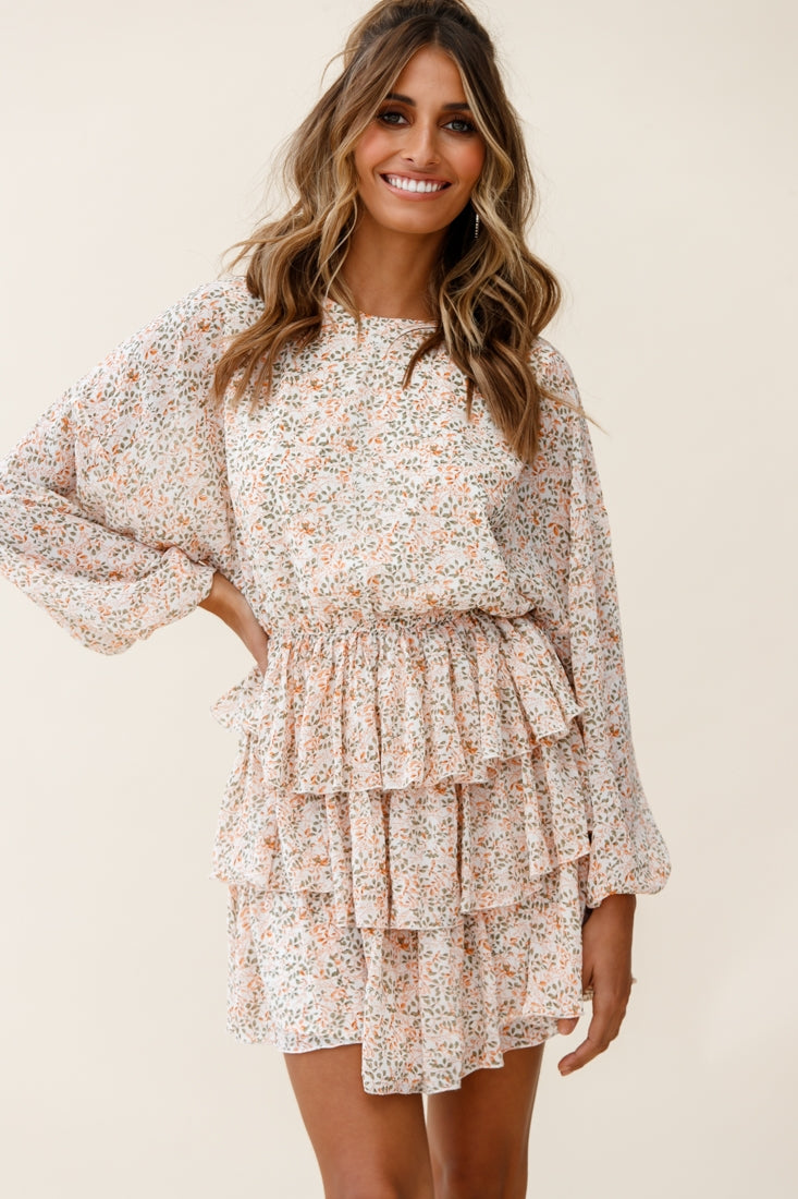 Odessa Long Sleeve Layered Ruffle Dress Floral Print Nude-Maymioy