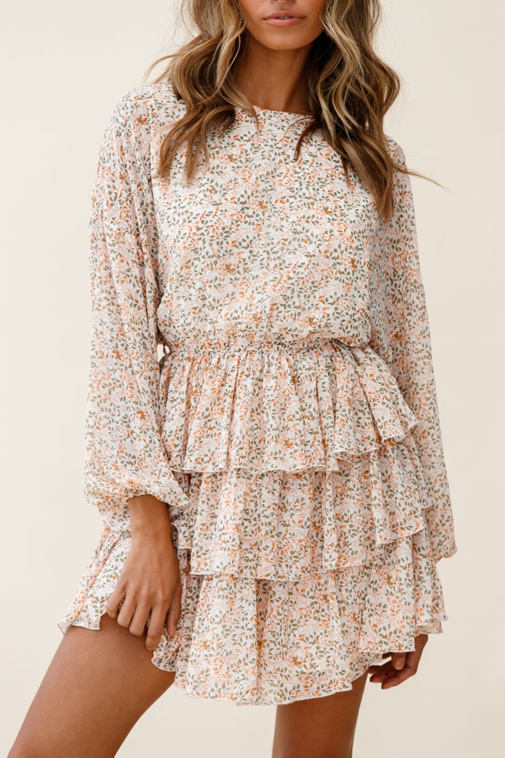 Odessa Long Sleeve Layered Ruffle Dress Floral Print Nude-Maymioy