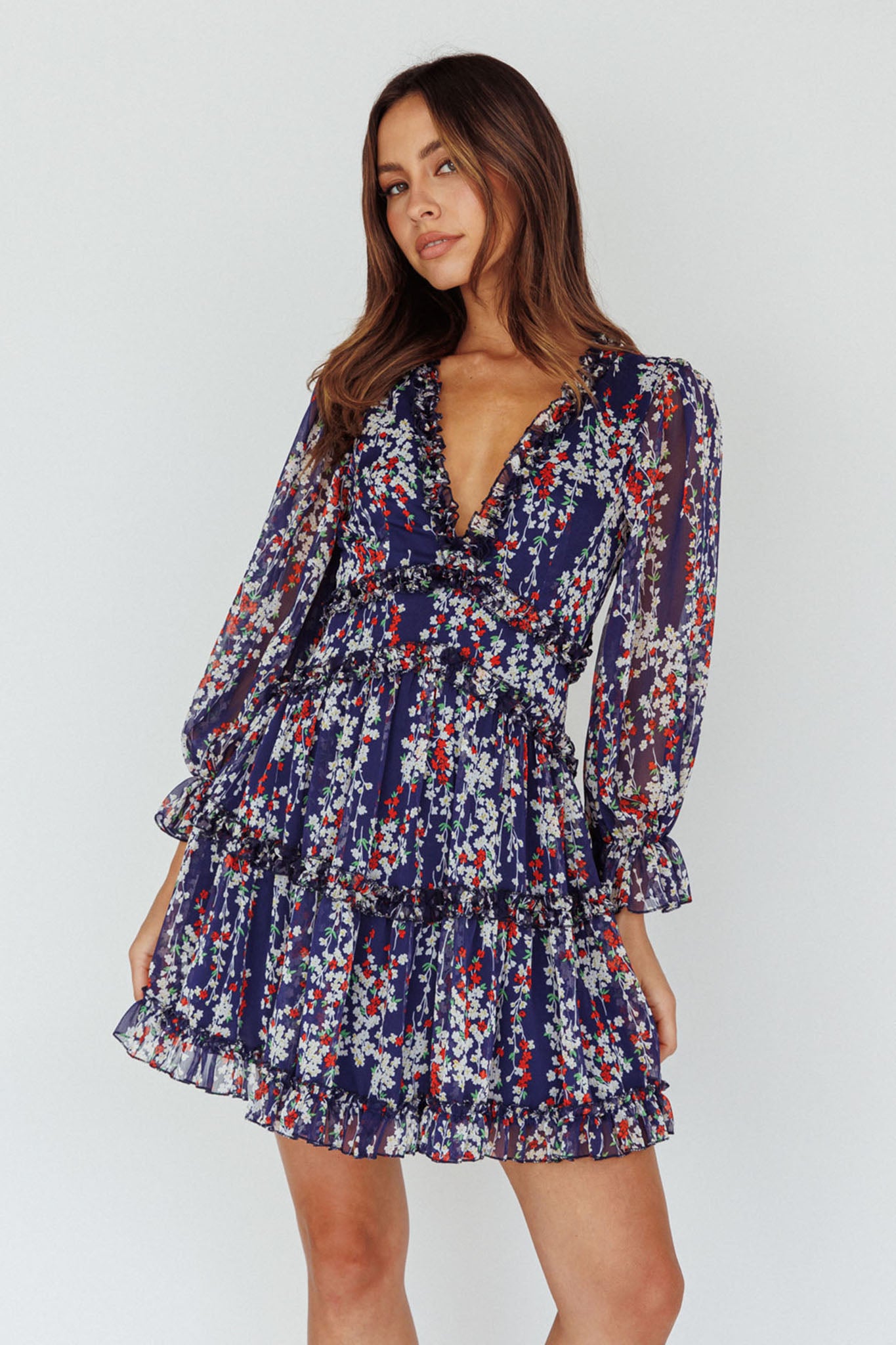 Laney Cutout Back Ruffle Detail Floral Dress Navy-Maymioy