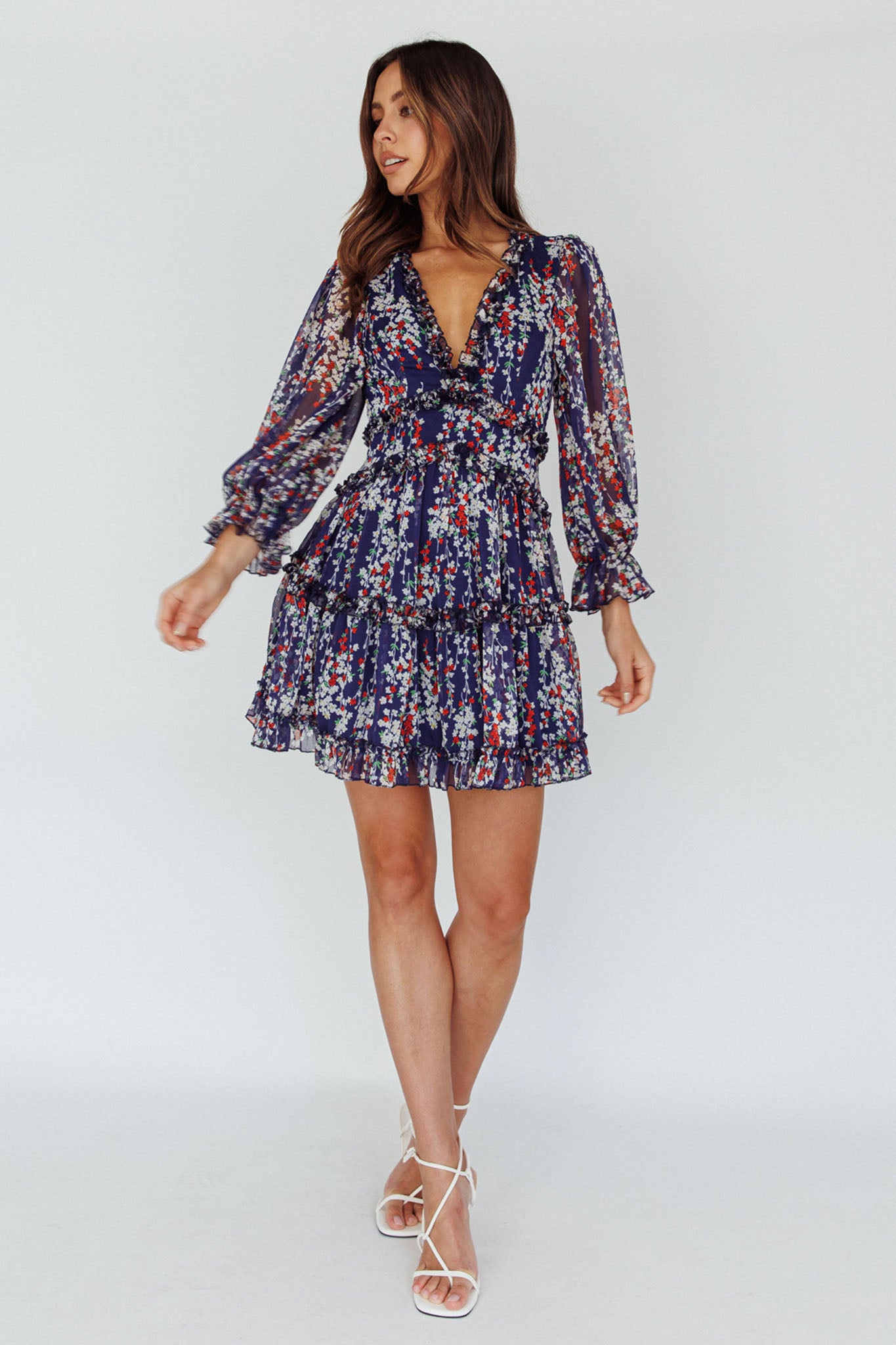 Laney Cutout Back Ruffle Detail Floral Dress Navy-Maymioy