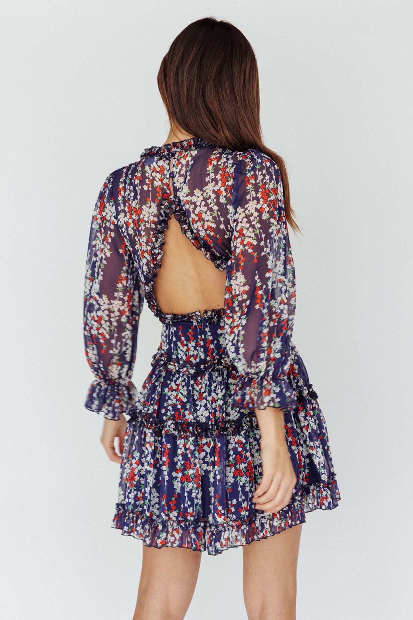 Laney Cutout Back Ruffle Detail Floral Dress Navy-Maymioy