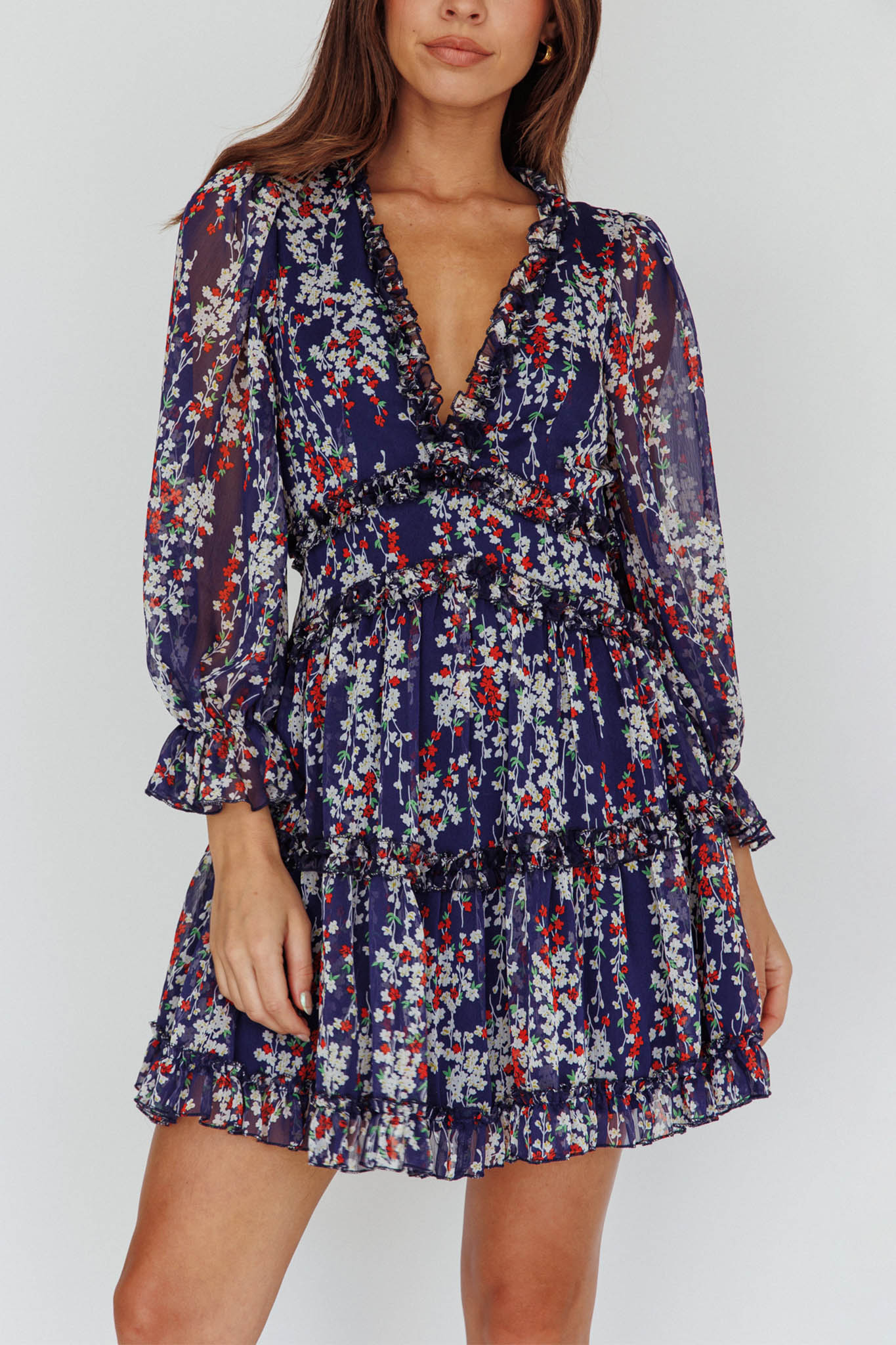 Laney Cutout Back Ruffle Detail Floral Dress Navy-Maymioy