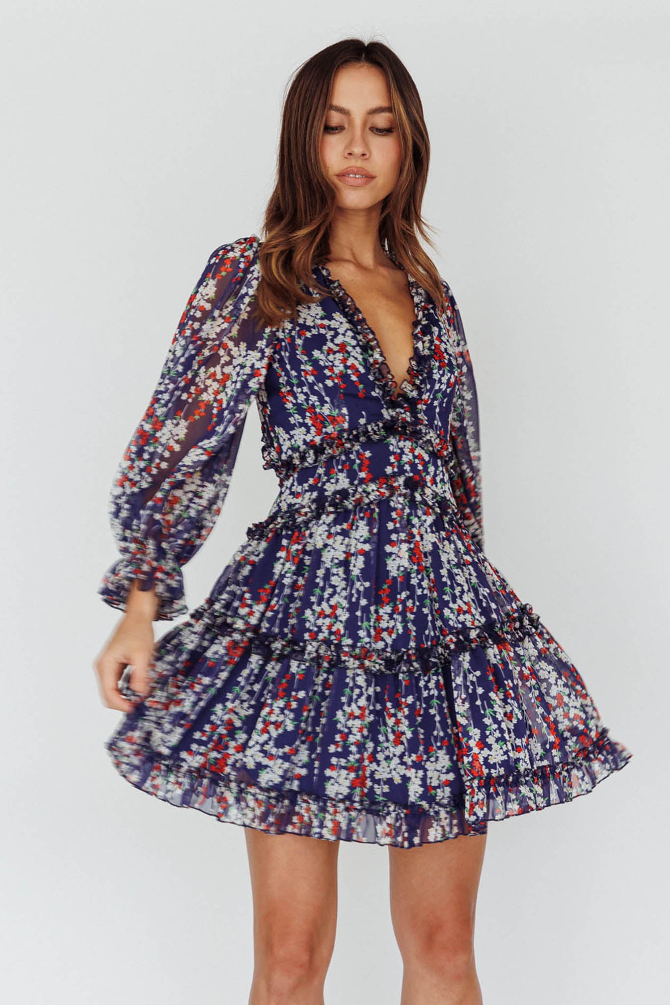 Laney Cutout Back Ruffle Detail Floral Dress Navy-Maymioy