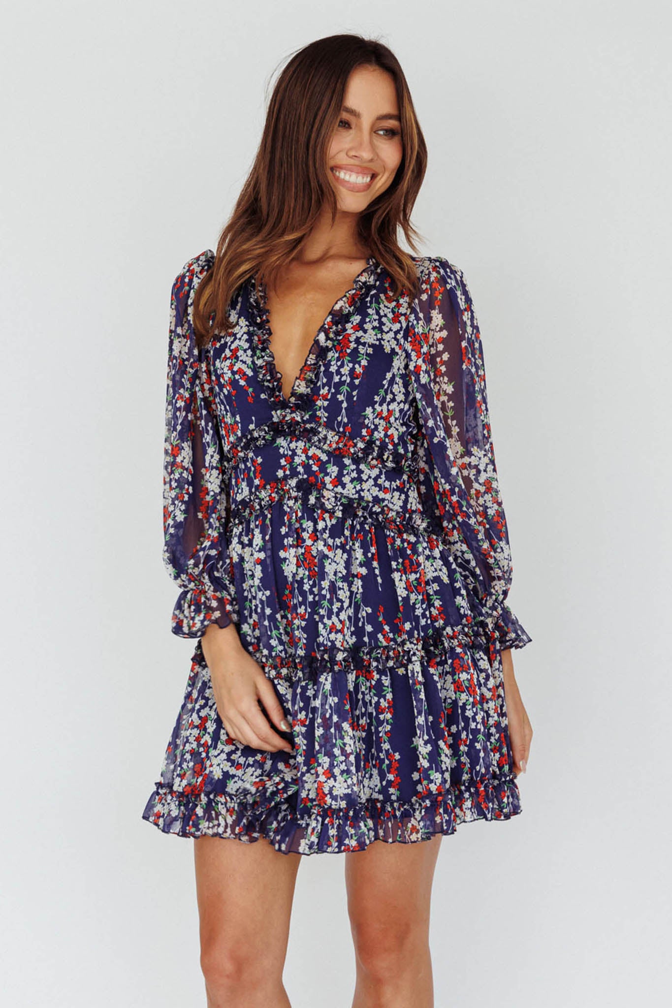 Laney Cutout Back Ruffle Detail Floral Dress Navy-Maymioy