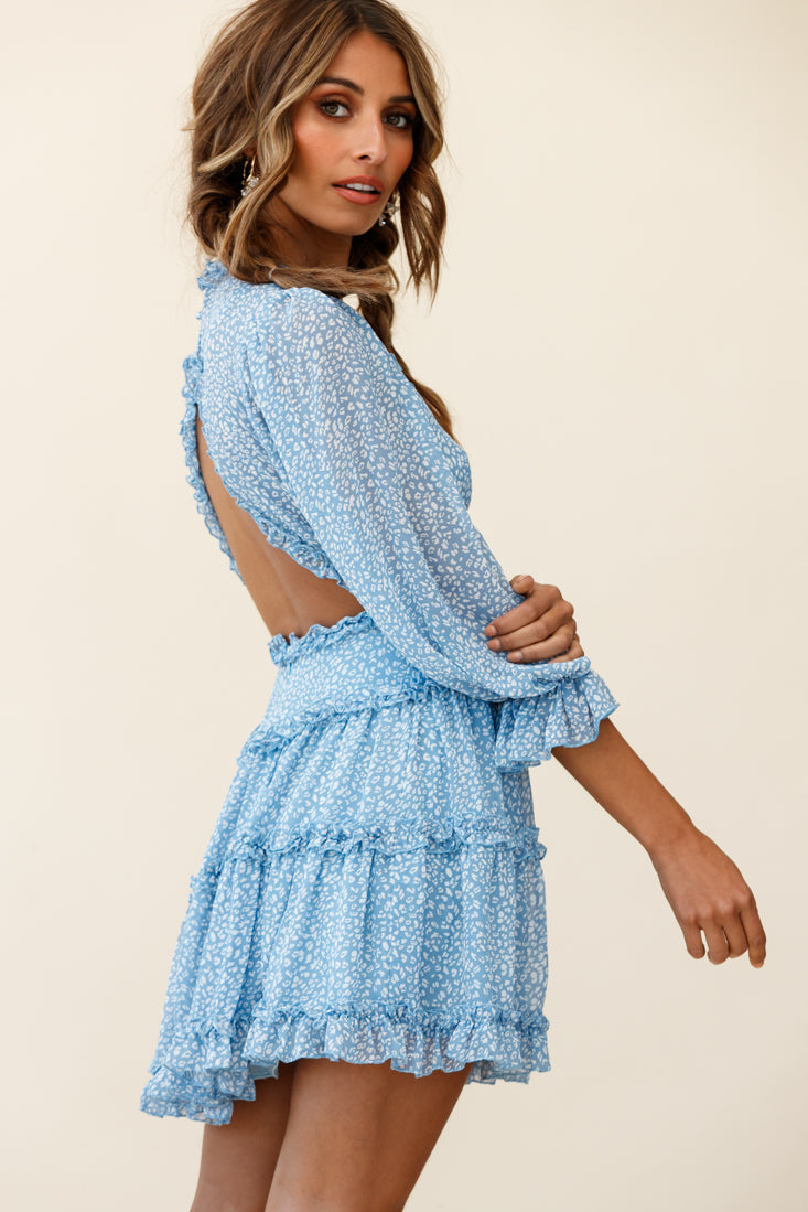 Laney Cutout Back Balloon Sleeve Dress Speckle Print Blue-Maymioy