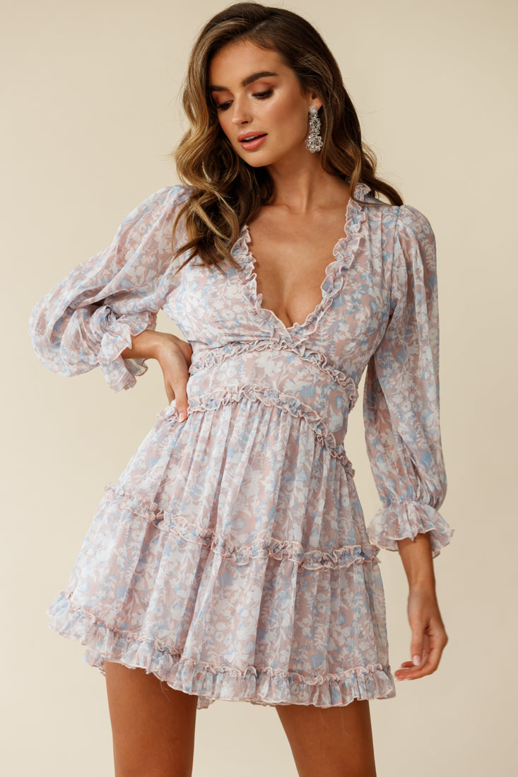 Laney Cutout Back Ruffle Trim Dress Floral Print Pink/Blue-Maymioy