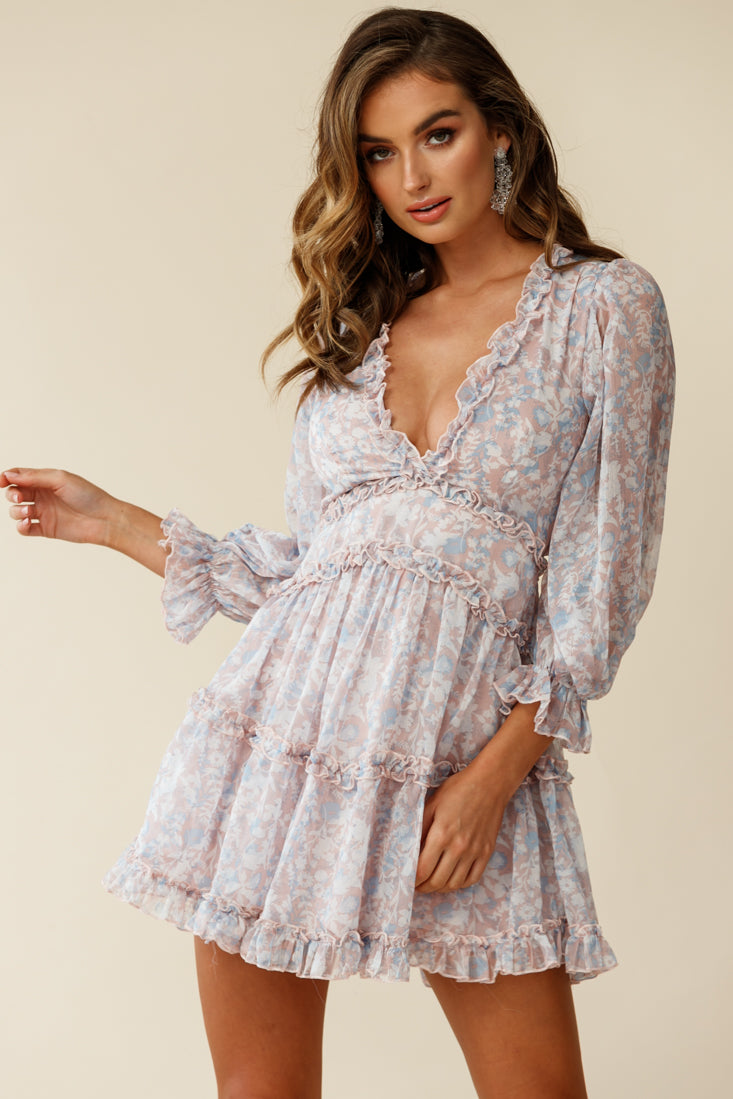 Laney Cutout Back Ruffle Trim Dress Floral Print Pink/Blue-Maymioy