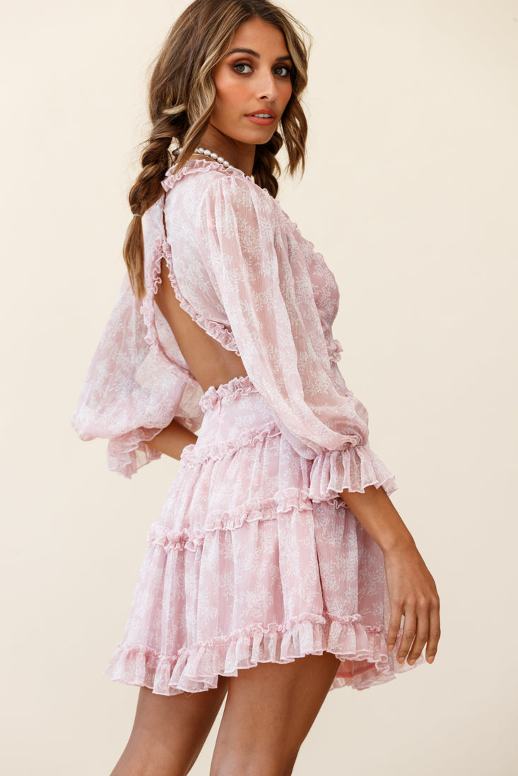 Laney Cutout Back Ruffle Trim Dress Leaves Print Pink-Maymioy