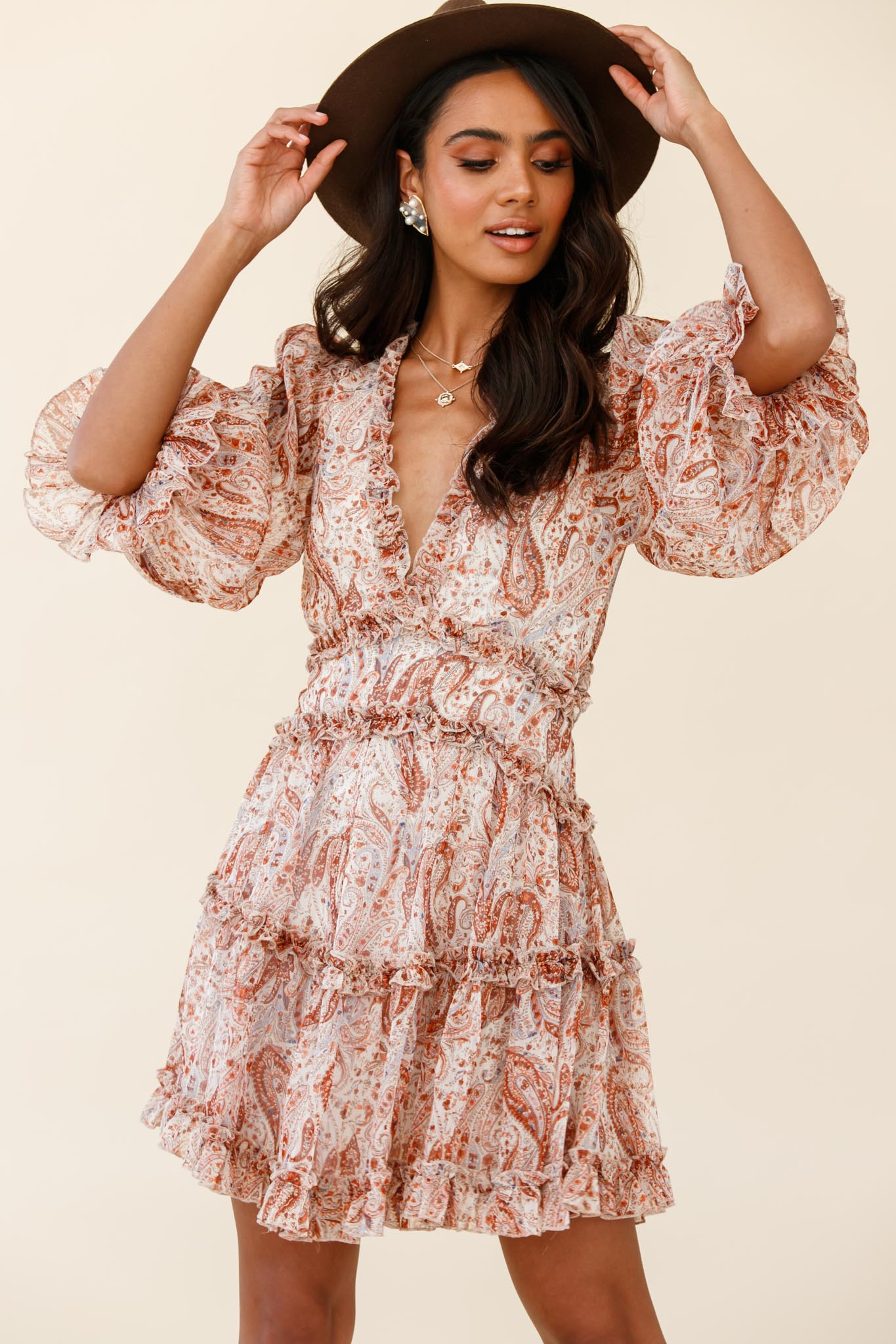 Laney Cutout Back Ruffle Trim Dress Paisley Print Rust-Maymioy