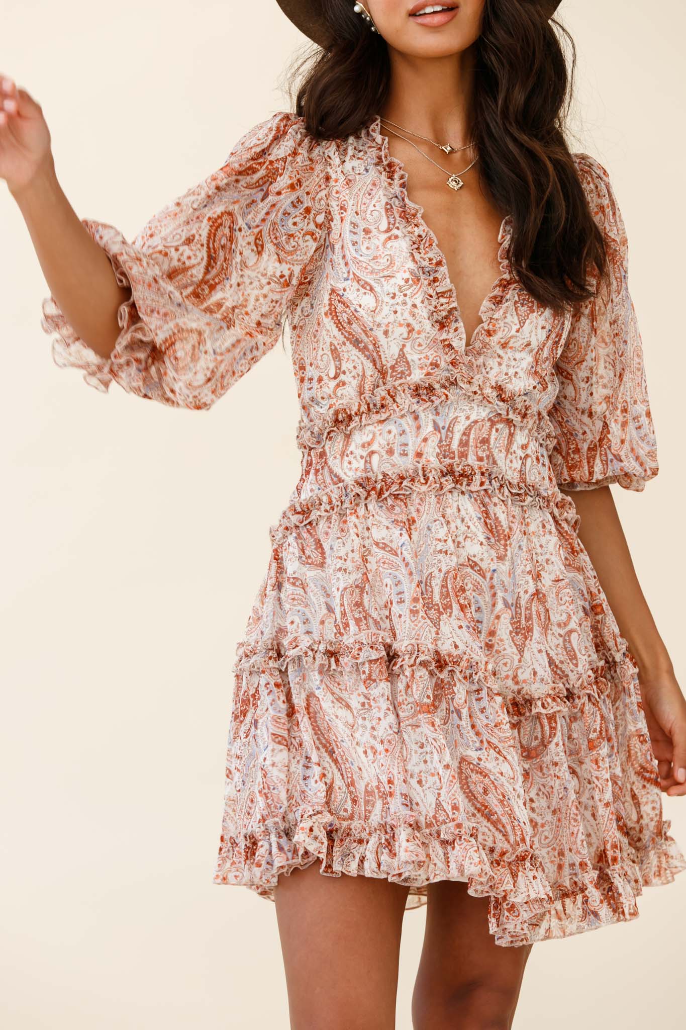 Laney Cutout Back Ruffle Trim Dress Paisley Print Rust-Maymioy