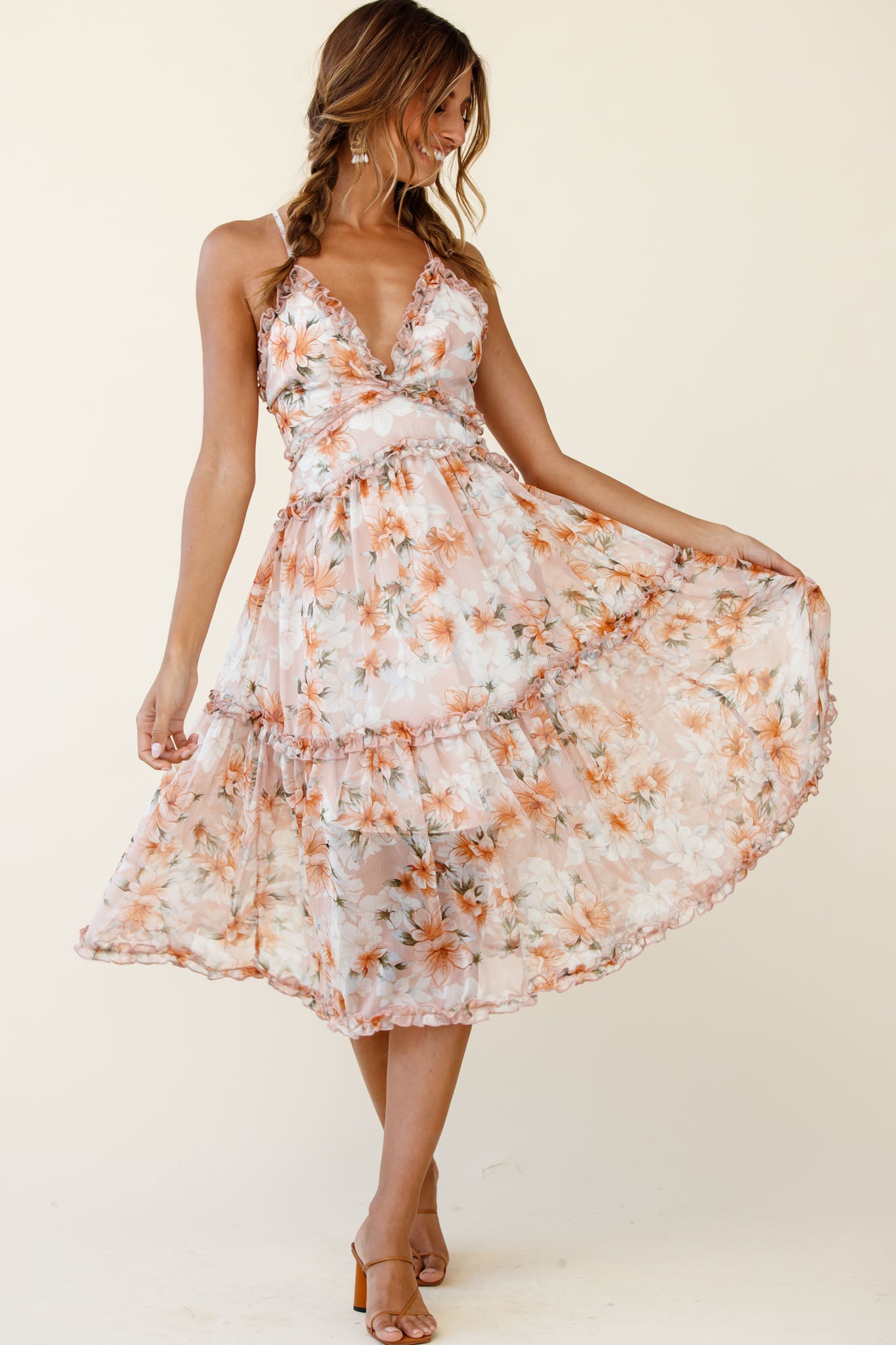 Laney Low Back Cami Strap Midi Dress Hibiscus Print Nude-Maymioy