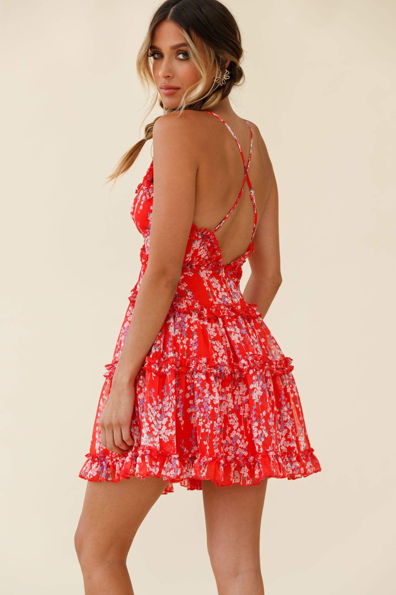 Laney Low Back Cami Strap Dress Floral Vine Print Red-Maymioy