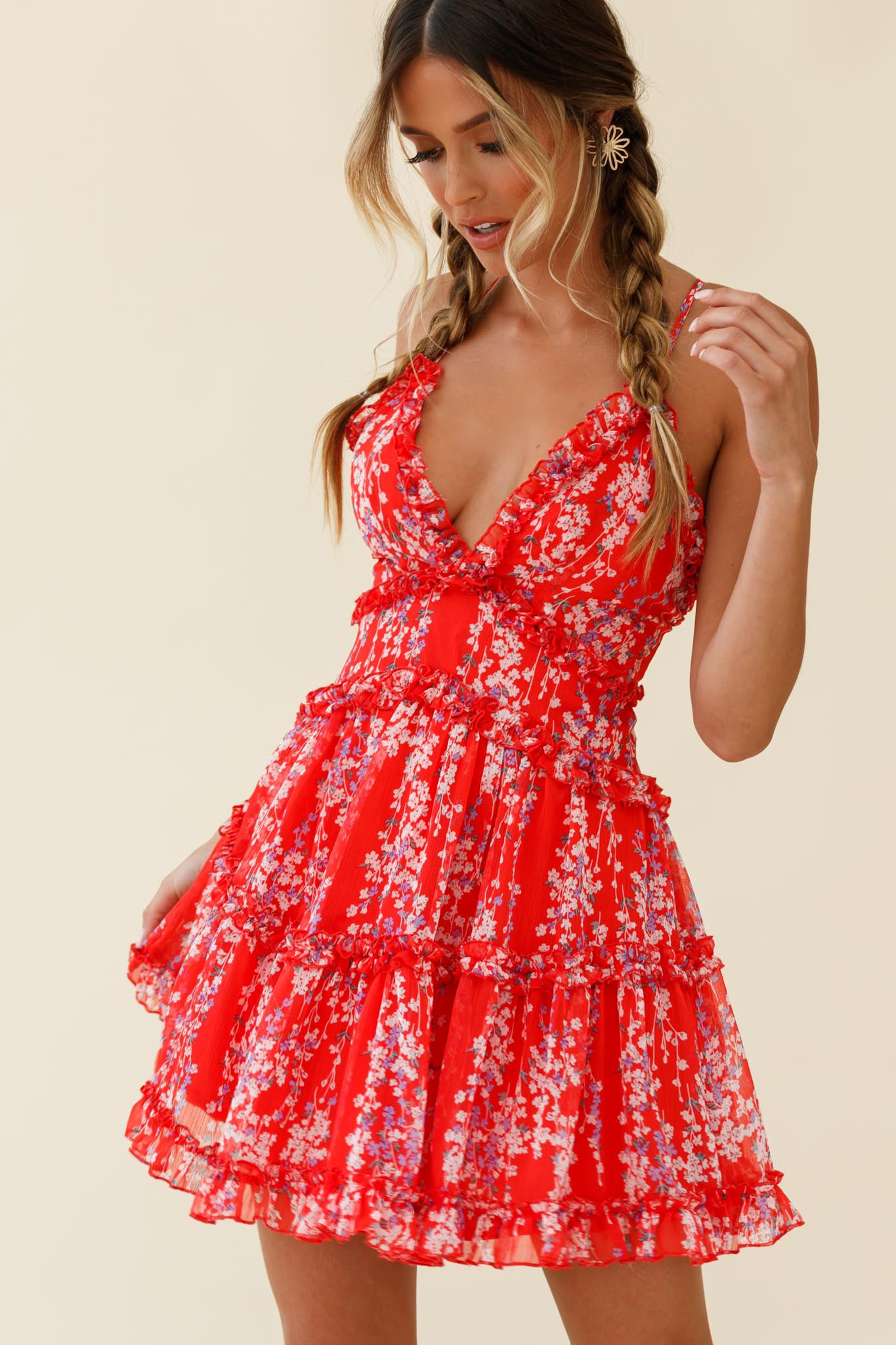 Laney Low Back Cami Strap Dress Floral Vine Print Red-Maymioy