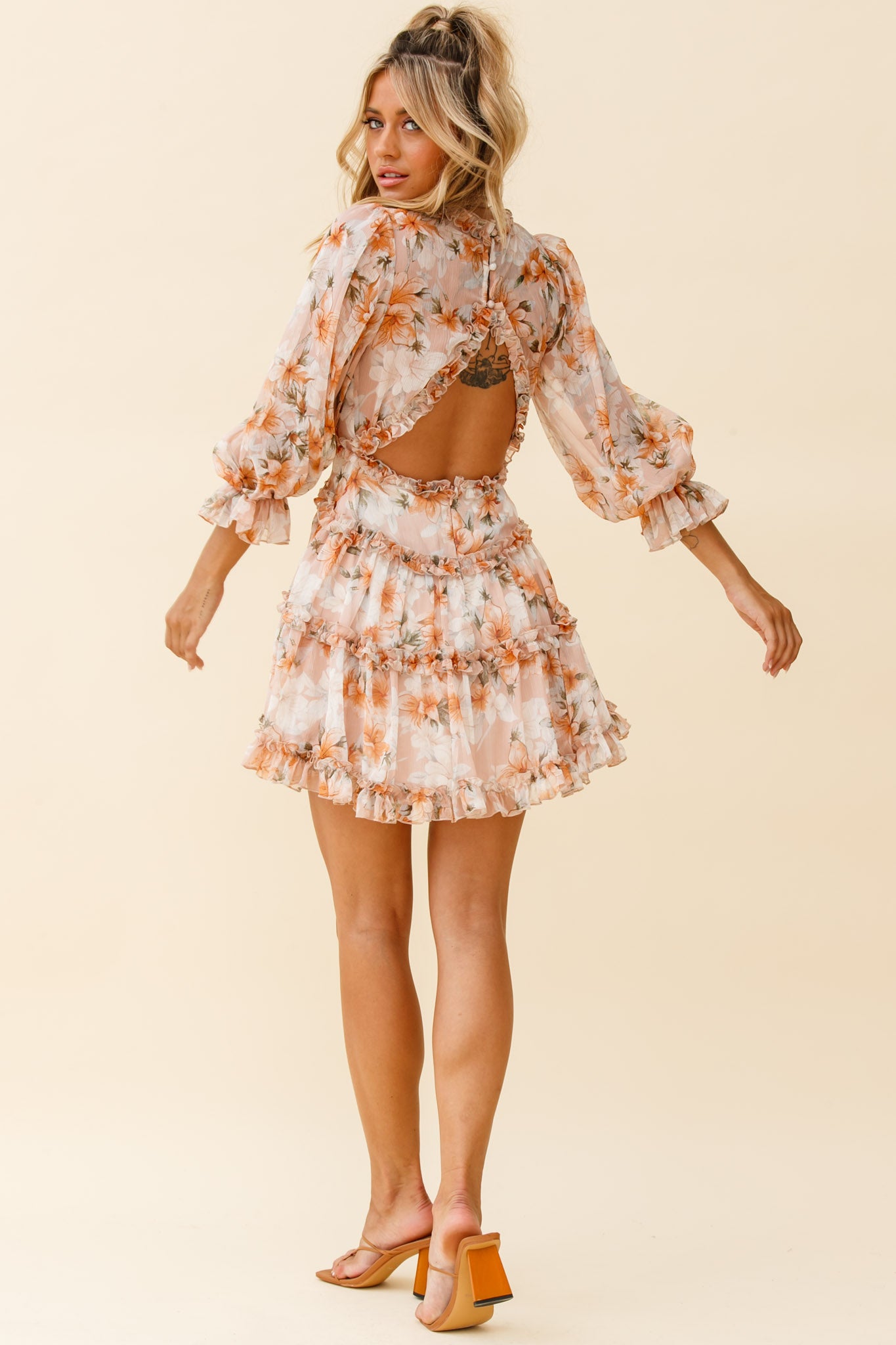 Laney Cutout Back Frill Trim Dress Hibiscus Print Nude-Maymioy