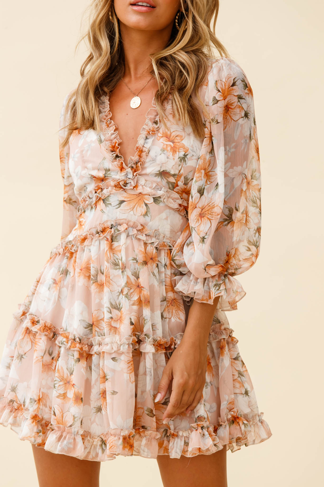 Laney Cutout Back Frill Trim Dress Hibiscus Print Nude-Maymioy