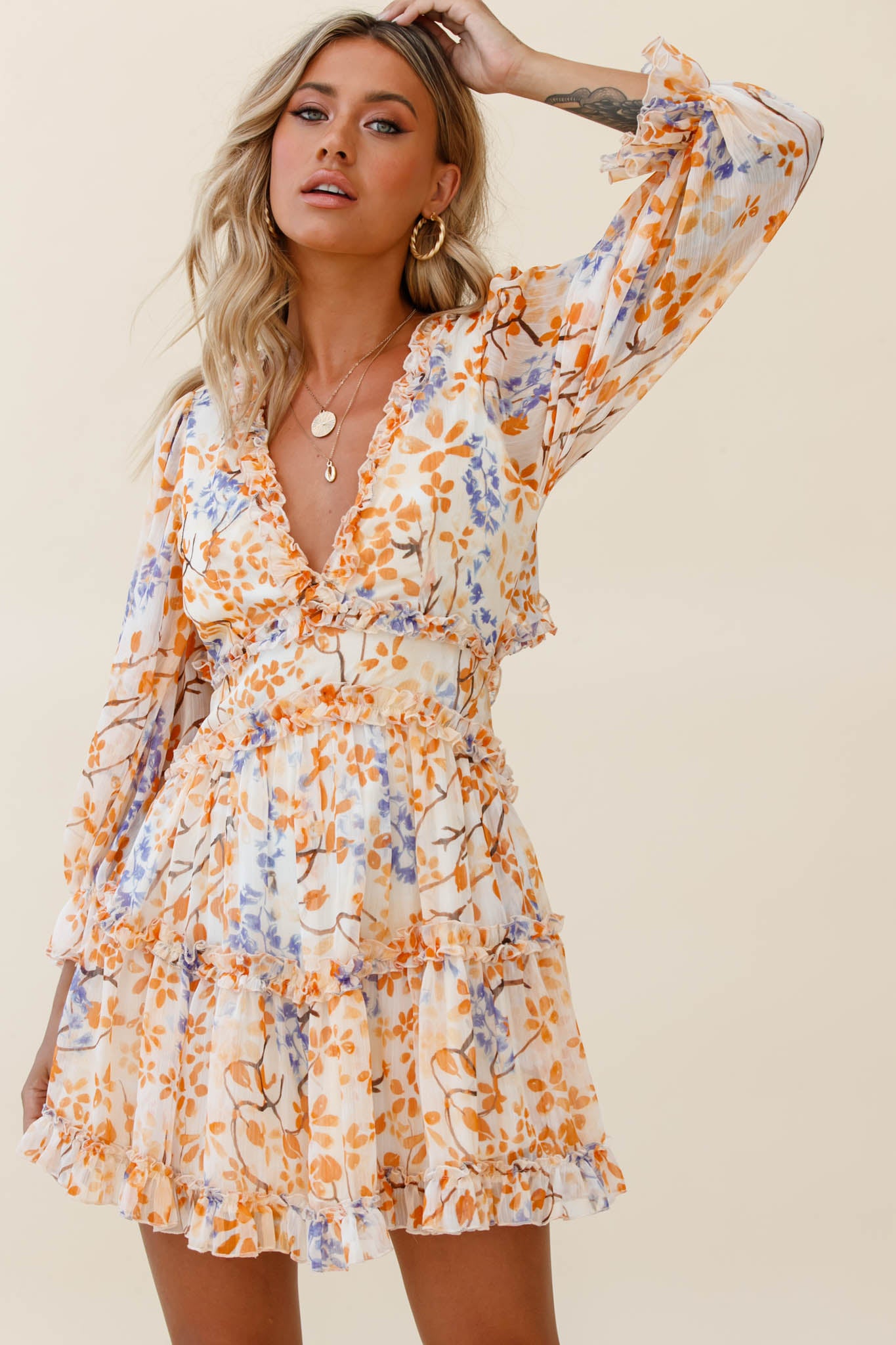 Laney Cutout Back Frill Trim Dress Floral Pattern Orange-Maymioy
