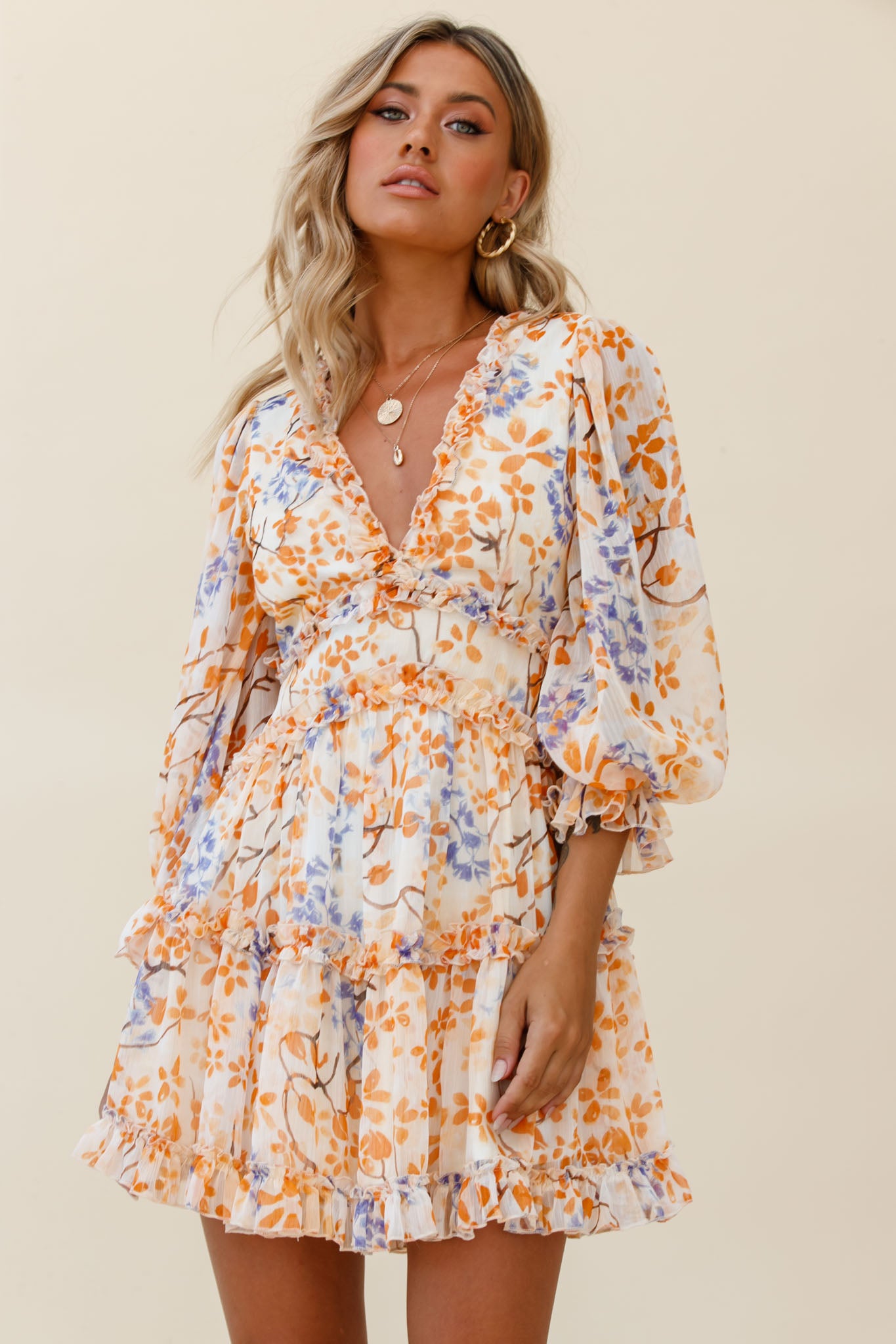 Laney Cutout Back Frill Trim Dress Floral Pattern Orange-Maymioy