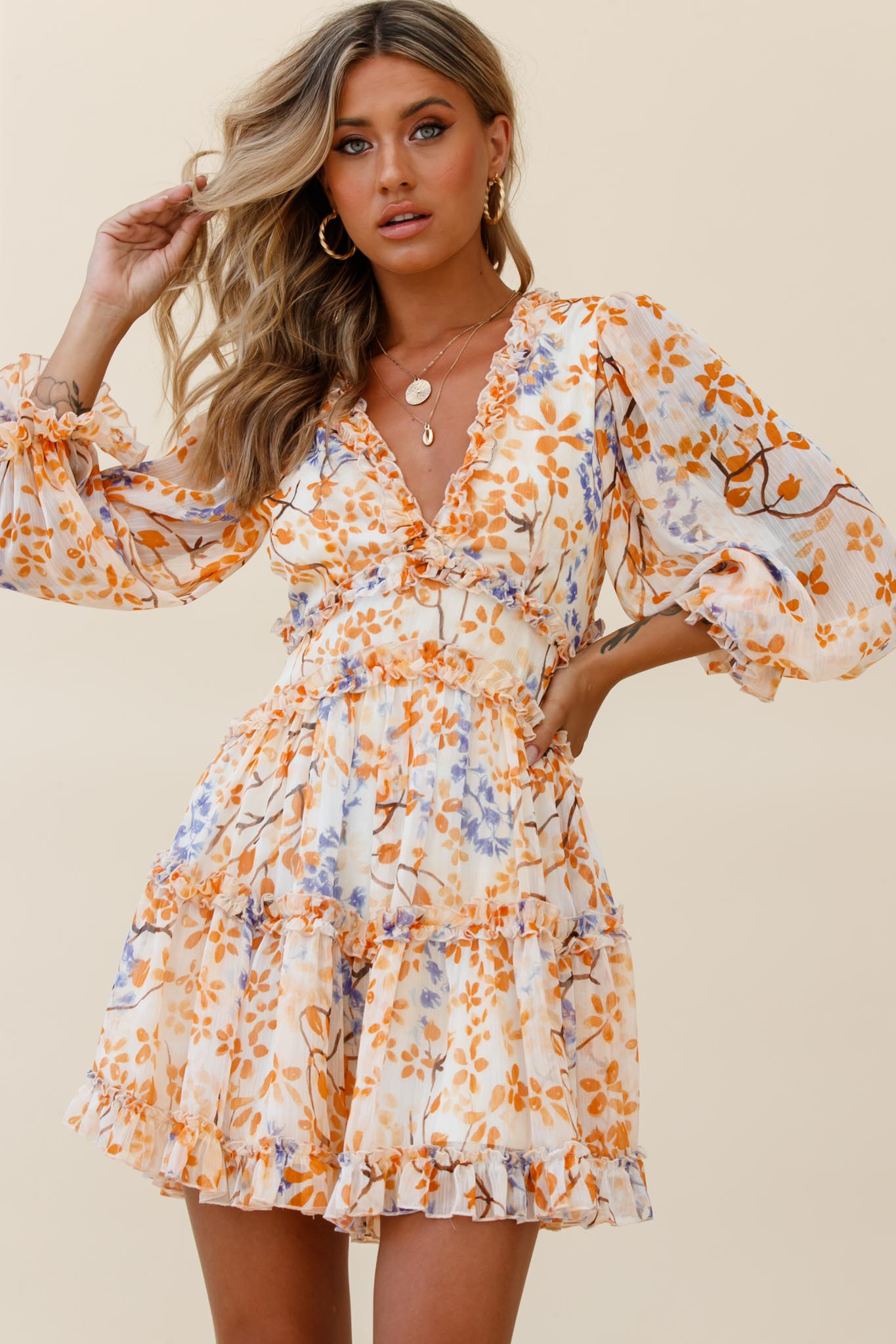 Laney Cutout Back Frill Trim Dress Floral Pattern Orange-Maymioy