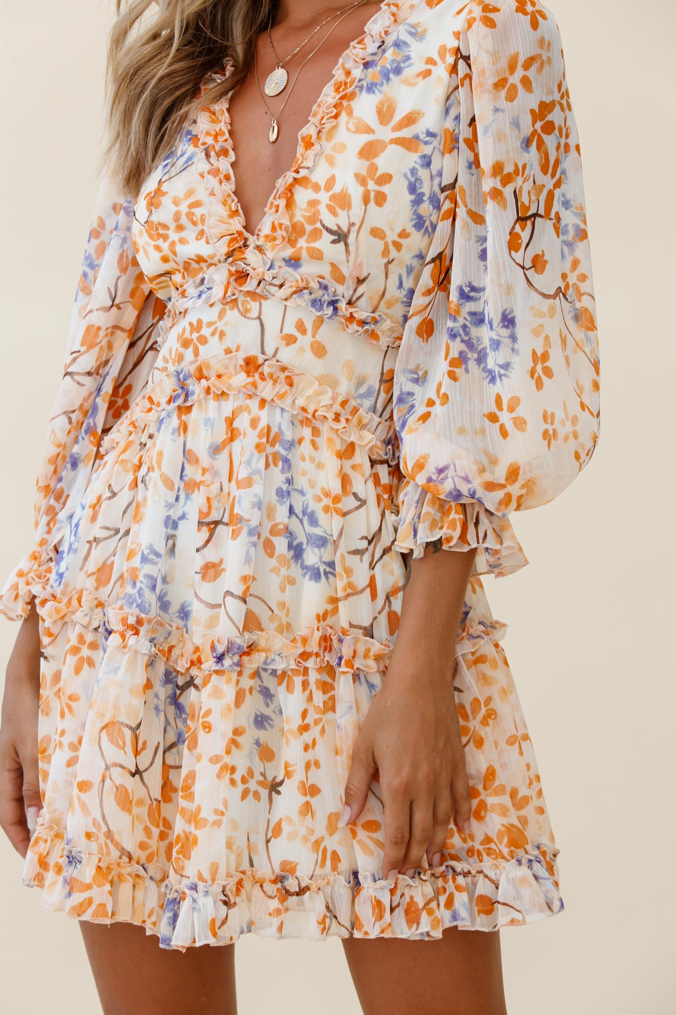 Laney Cutout Back Frill Trim Dress Floral Pattern Orange-Maymioy