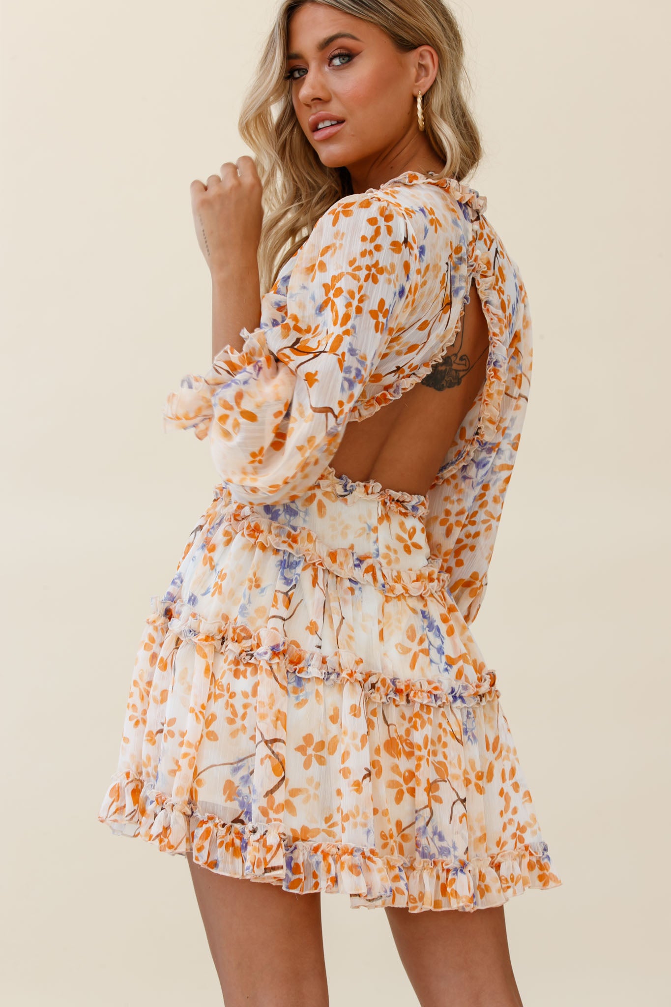 Laney Cutout Back Frill Trim Dress Floral Pattern Orange-Maymioy
