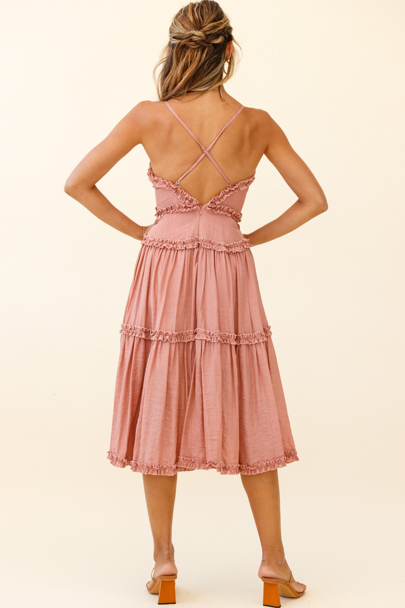 Laney Low Back Cami Strap Midi Dress Rose-Maymioy