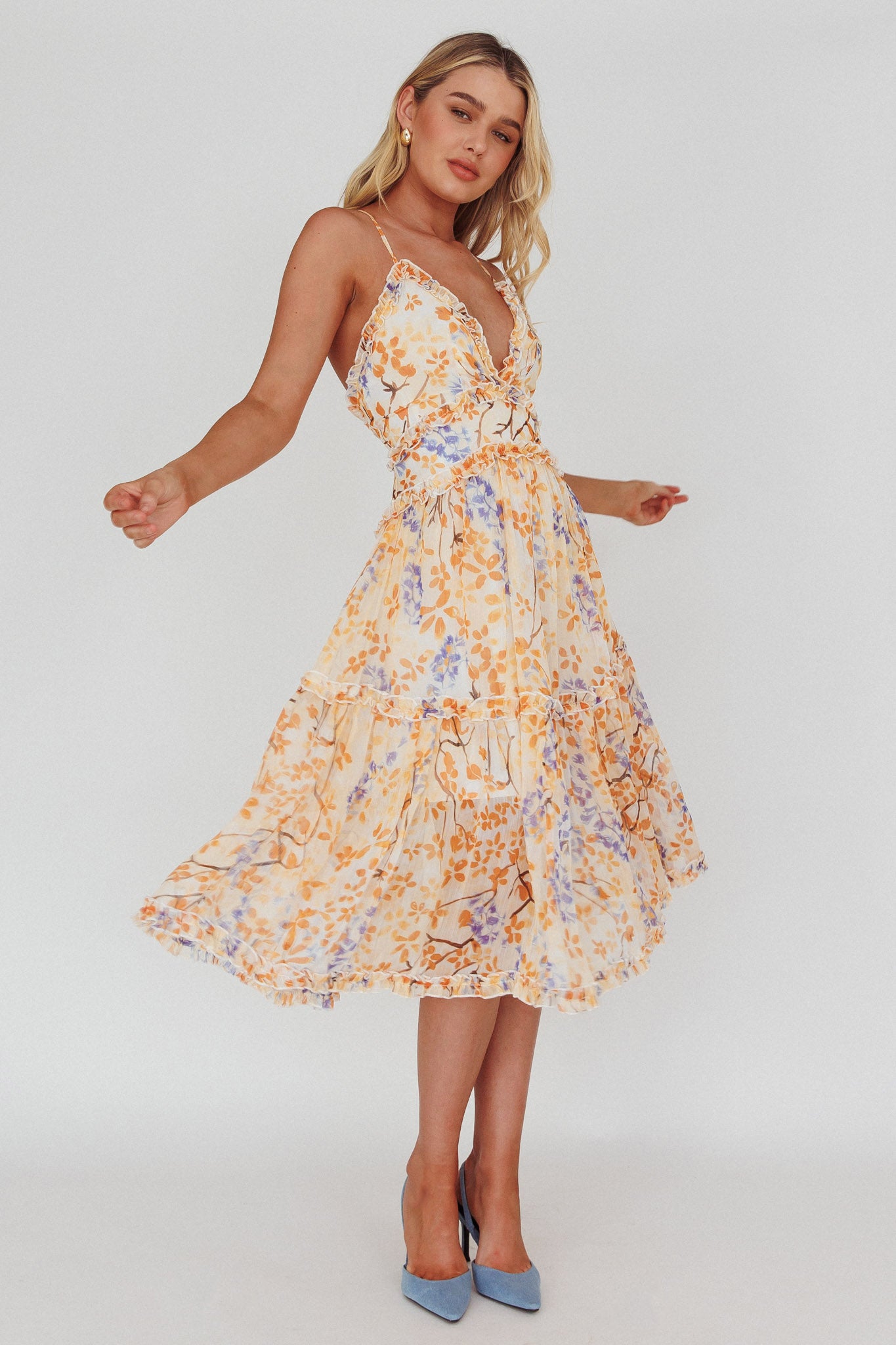 Laney Low Back Cami Strap Midi Dress Floral Orange-Maymioy