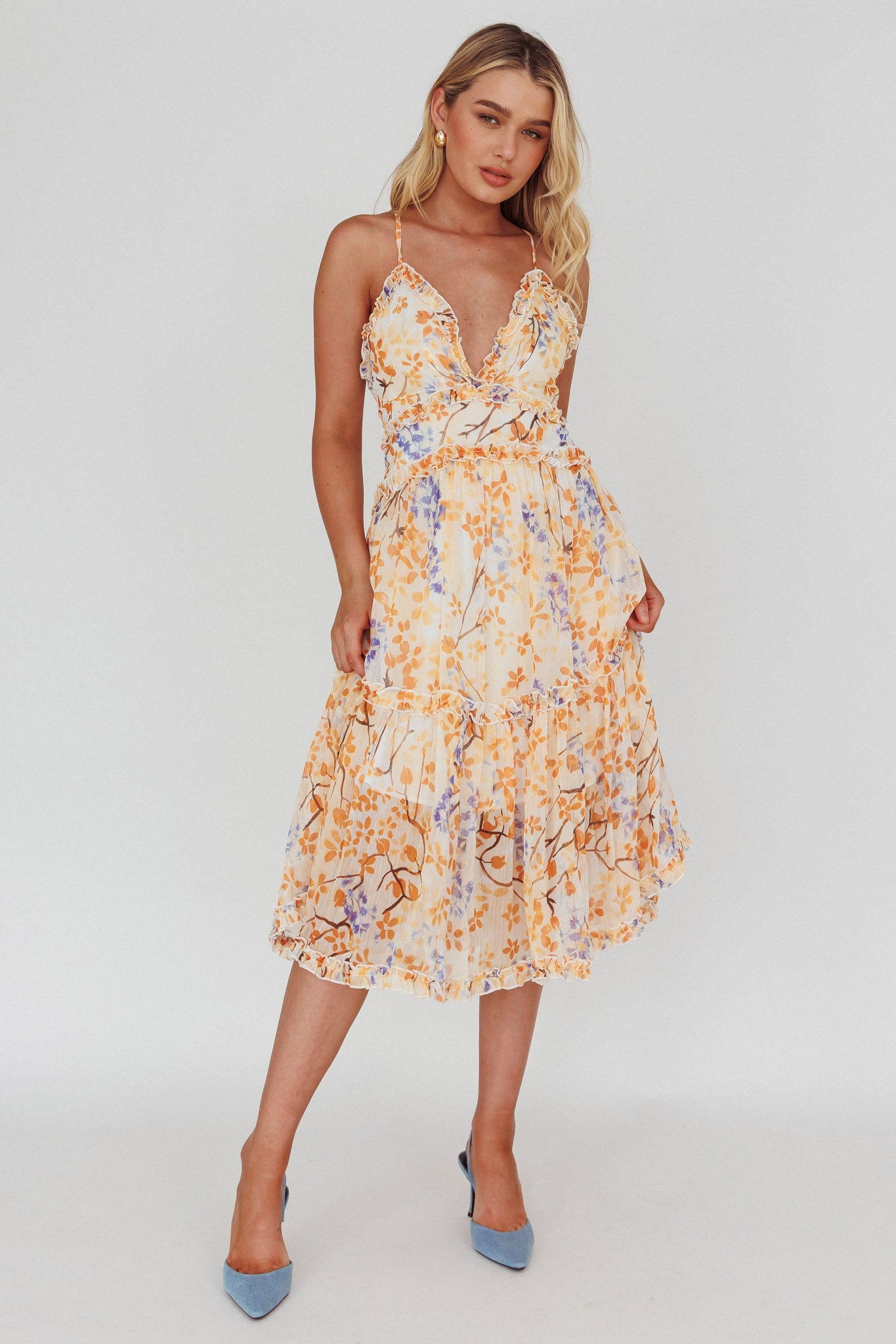 Laney Low Back Cami Strap Midi Dress Floral Orange-Maymioy