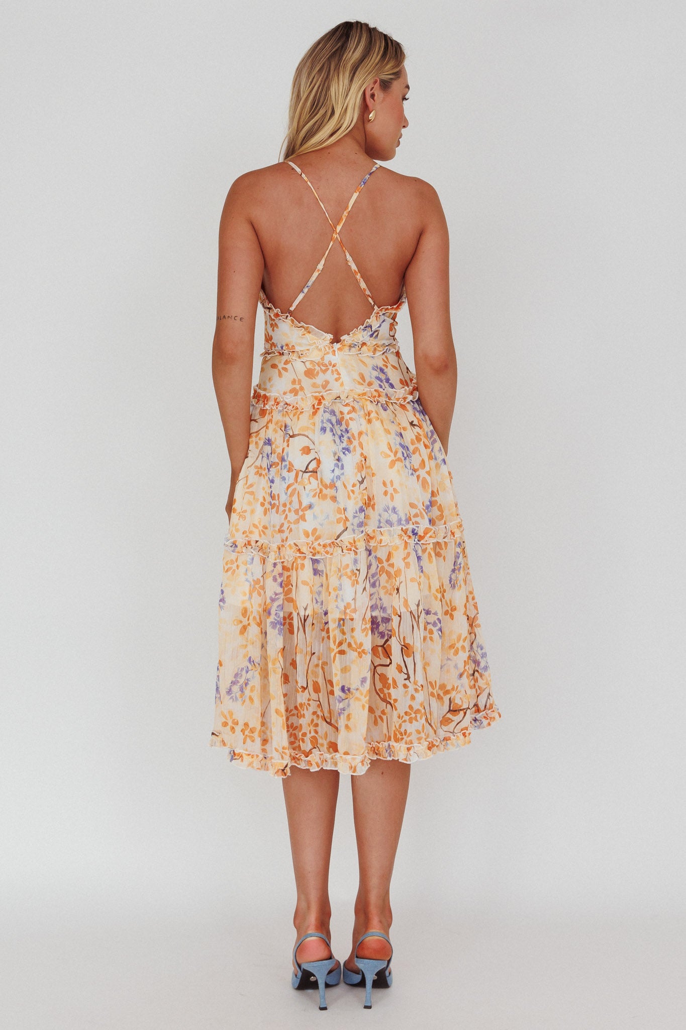 Laney Low Back Cami Strap Midi Dress Floral Orange-Maymioy