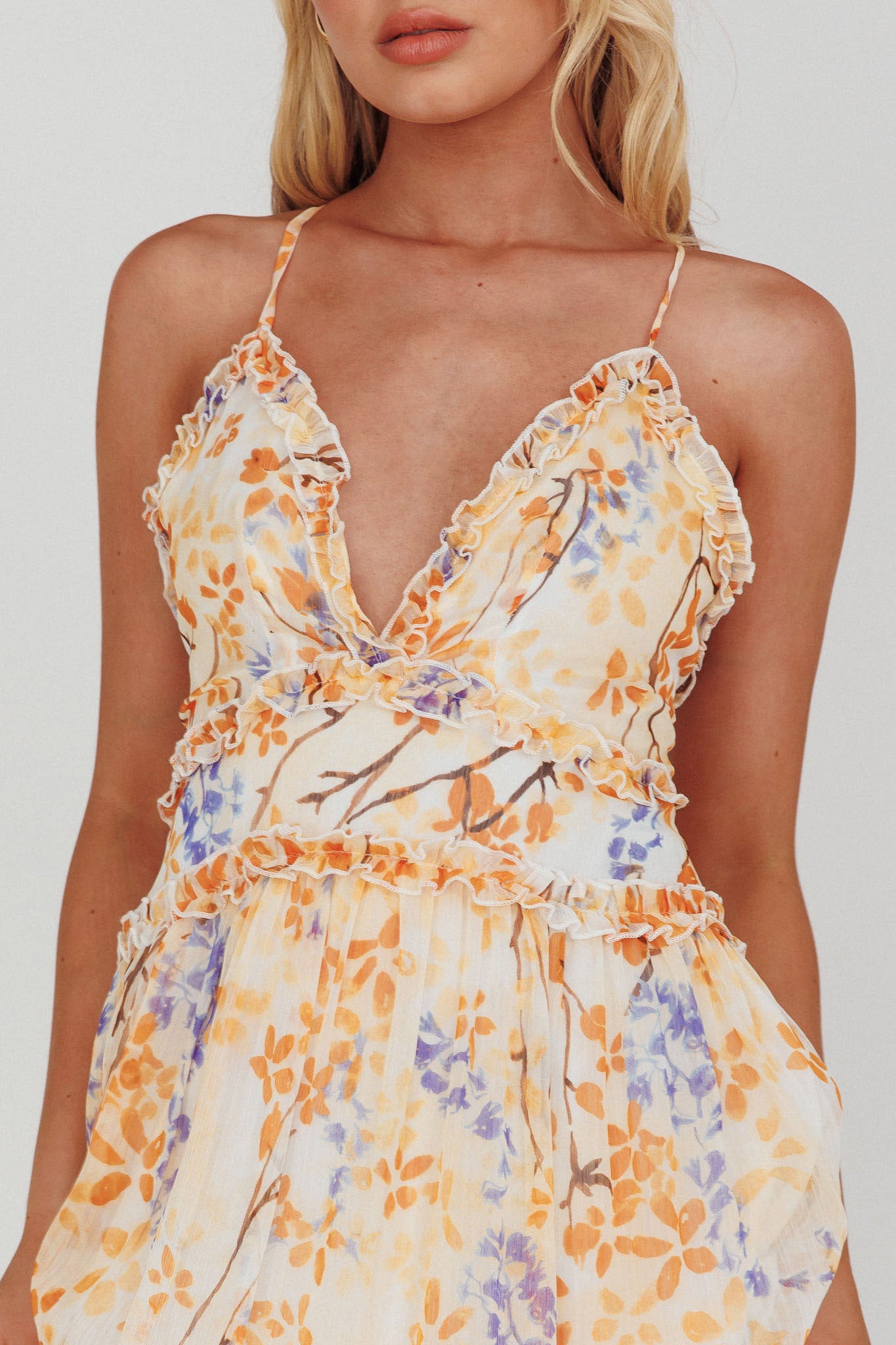 Laney Low Back Cami Strap Midi Dress Floral Orange-Maymioy