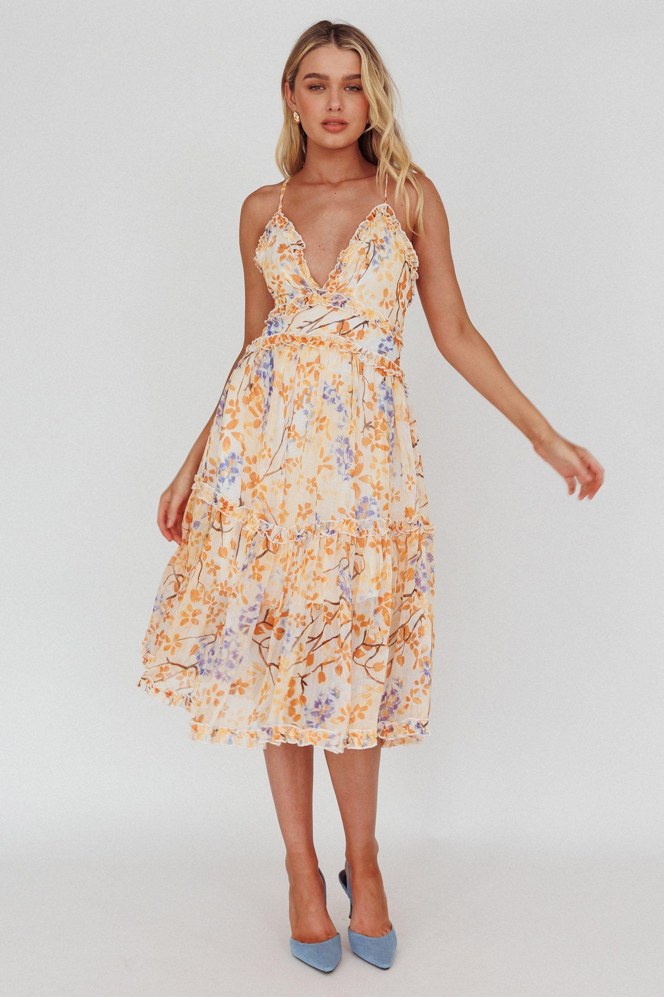Laney Low Back Cami Strap Midi Dress Floral Orange-Maymioy