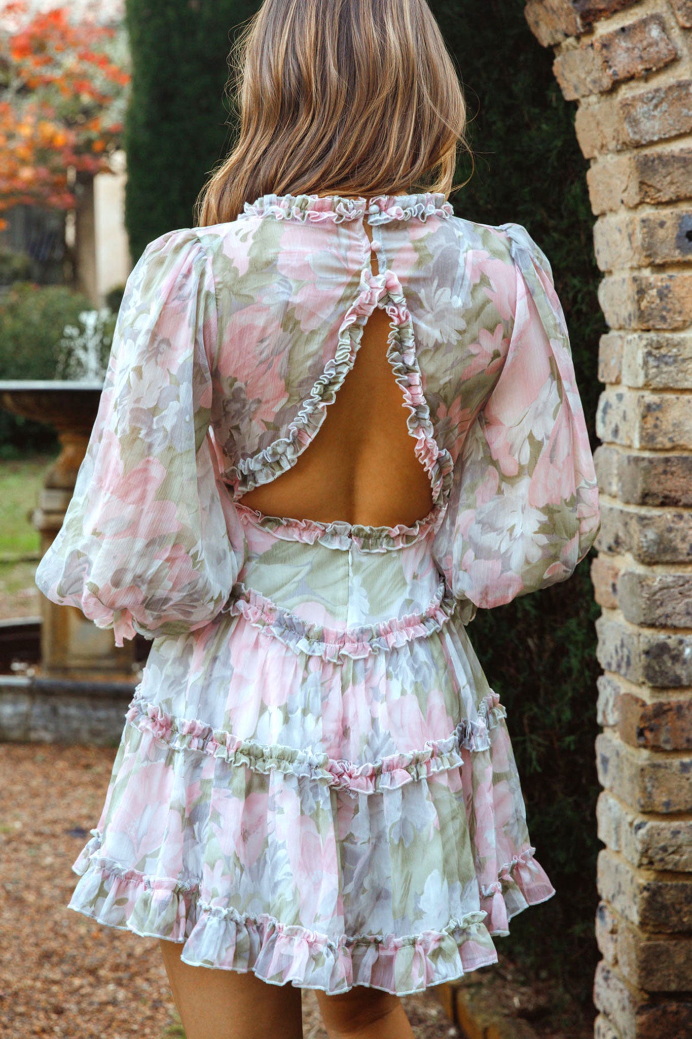 Laney Cutout Back Ruffle Trim Dress Watercolor Floral Print Pink-Maymioy