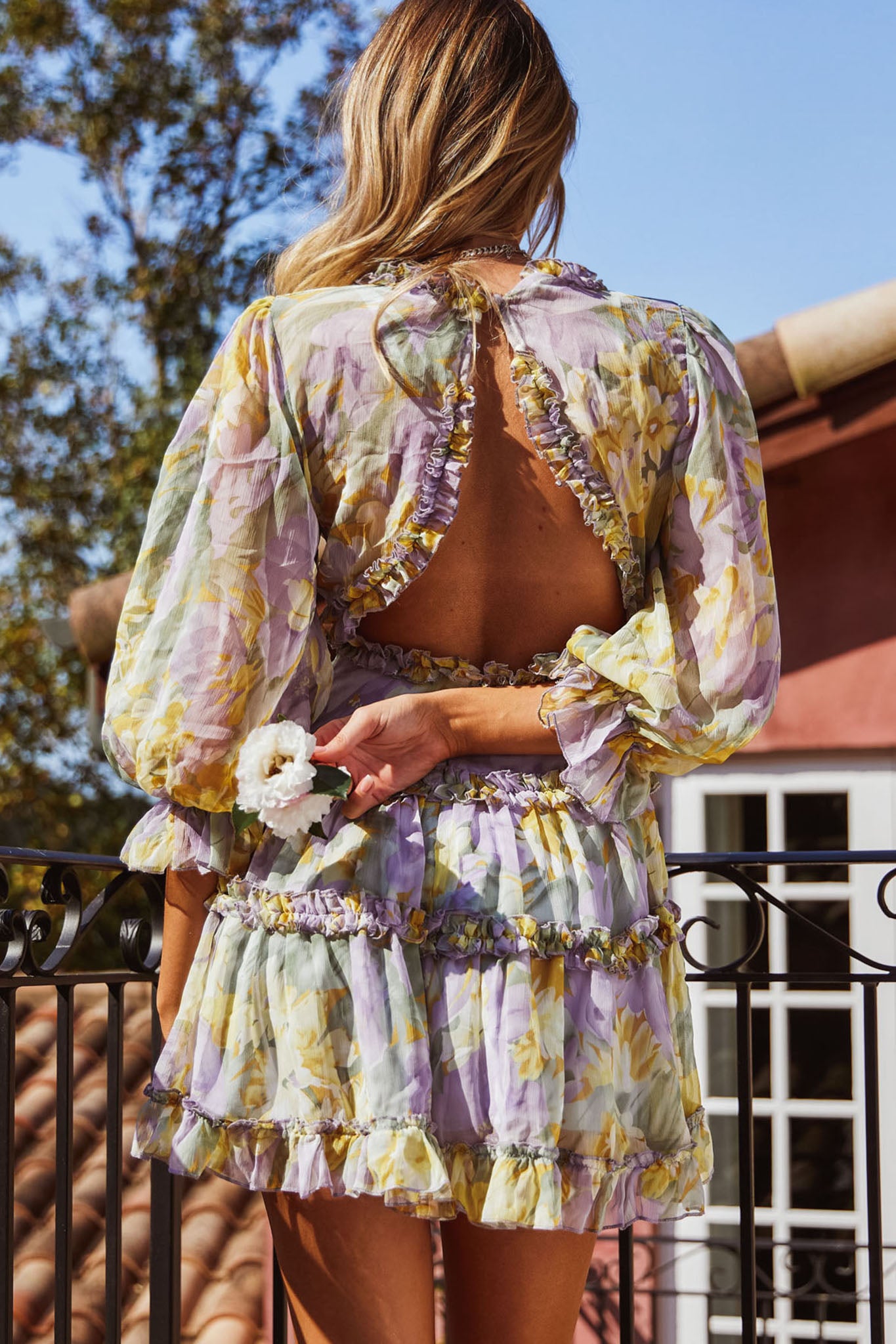 Laney Cutout Back Ruffle Trim Dress Watercolor Floral Print Yellow-Maymioy