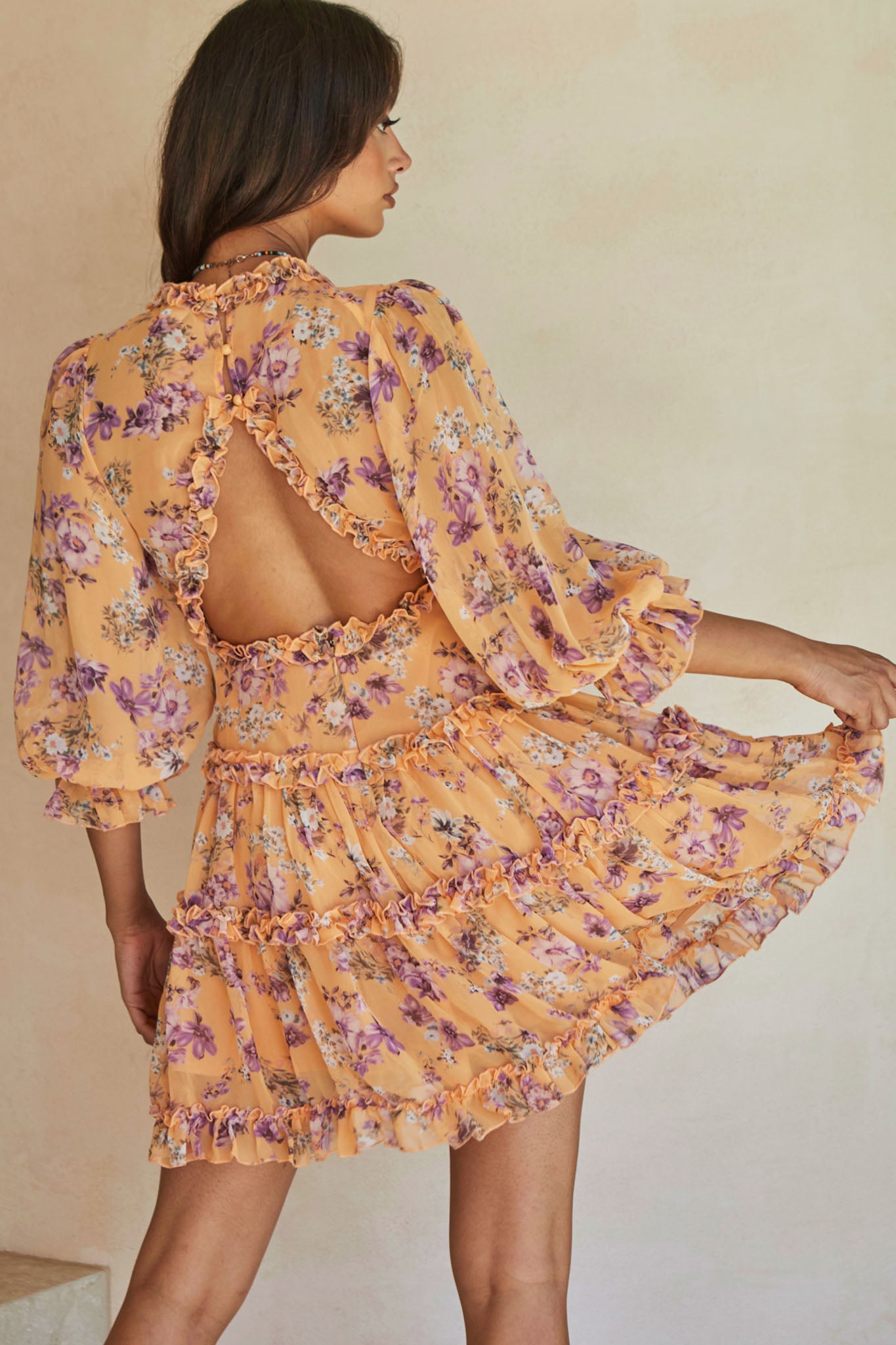 Laney Cutout Back Ruffle Trim Dress Vintage Floral Print Apricot-Maymioy