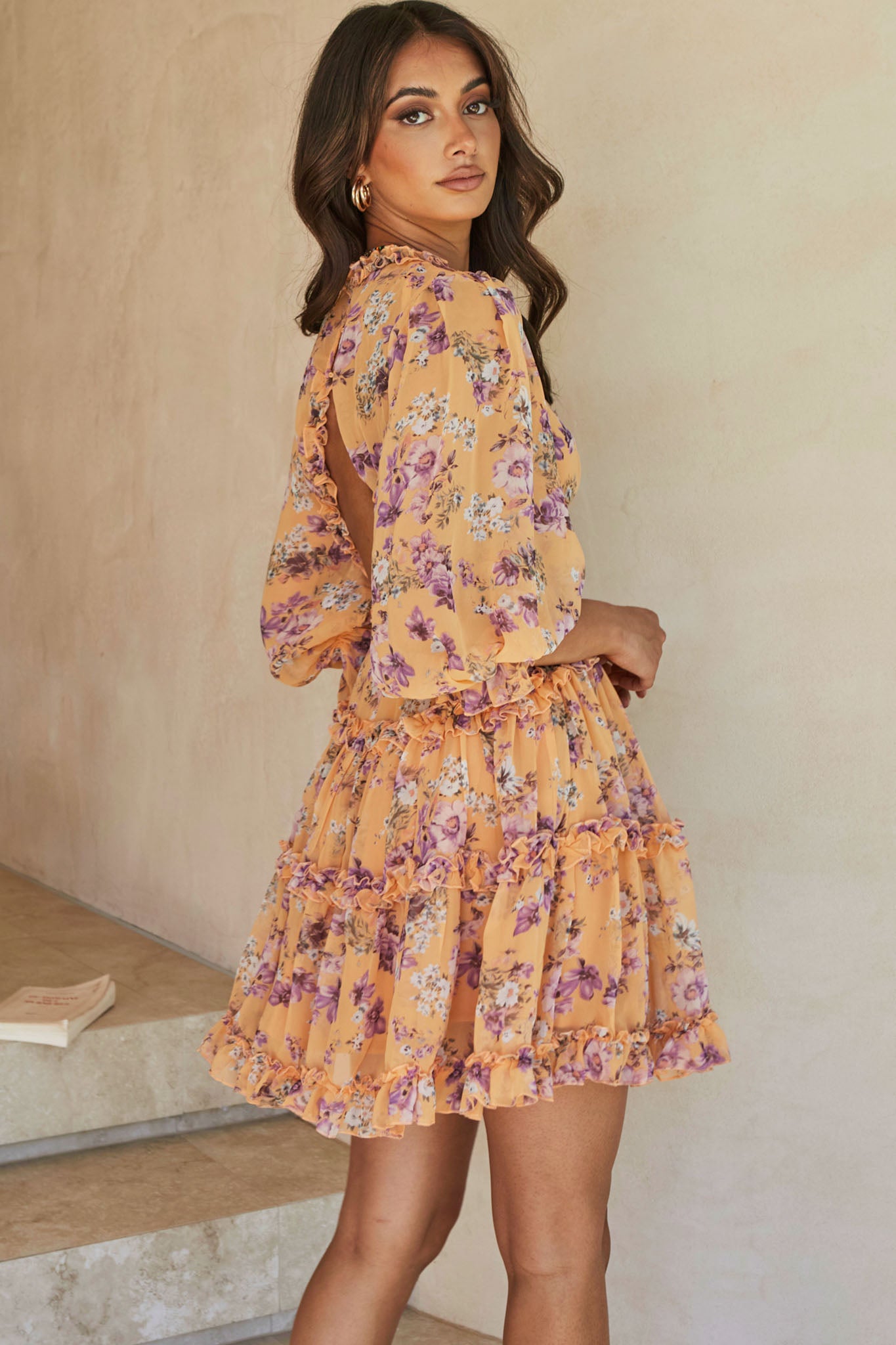 Laney Cutout Back Ruffle Trim Dress Vintage Floral Print Apricot-Maymioy