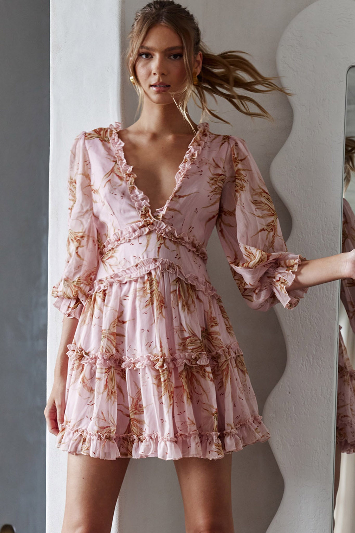 Laney Cutout Back Ruffle Trim Dress Lily Print Pink-Maymioy