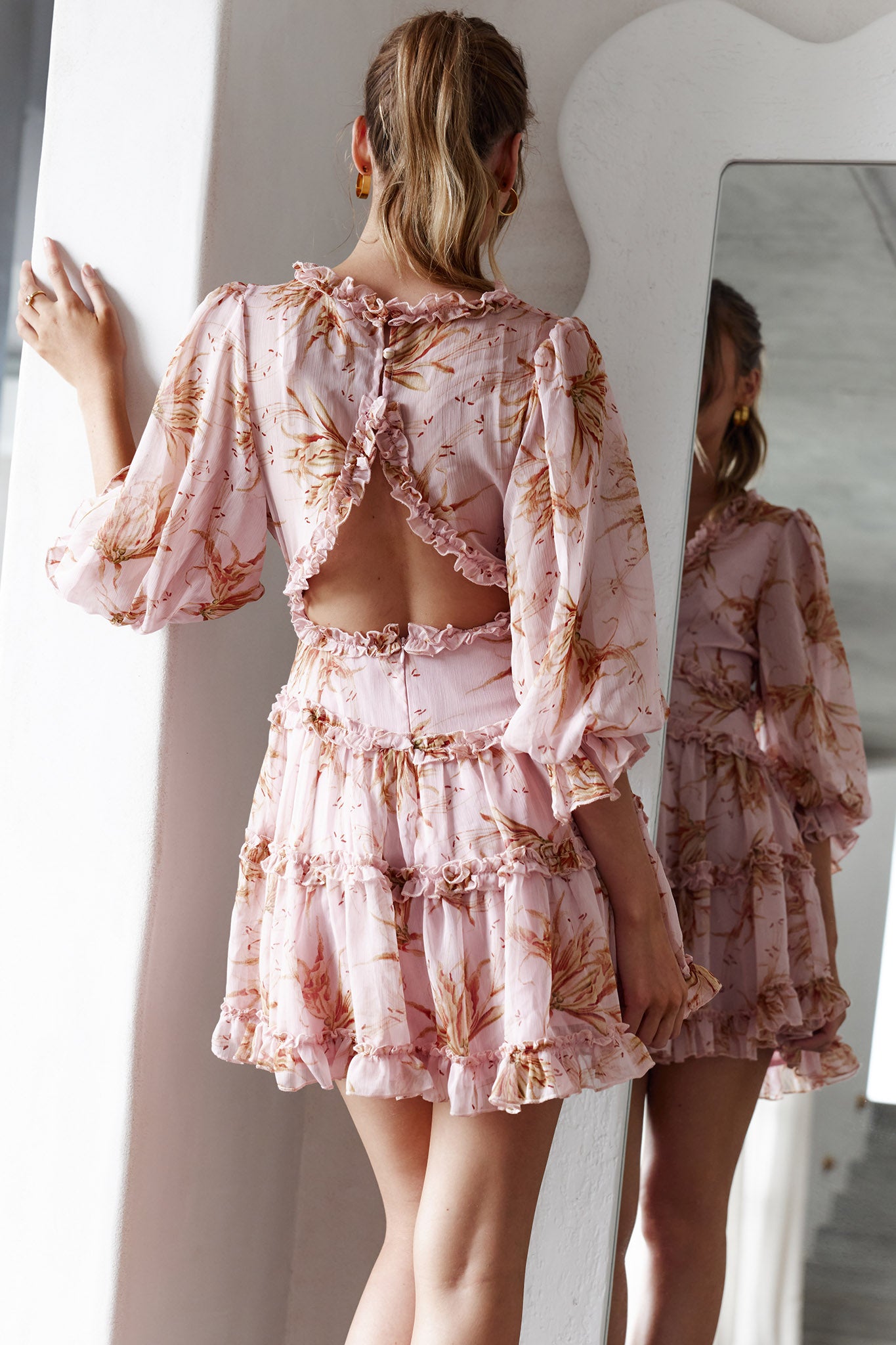 Laney Cutout Back Ruffle Trim Dress Lily Print Pink-Maymioy
