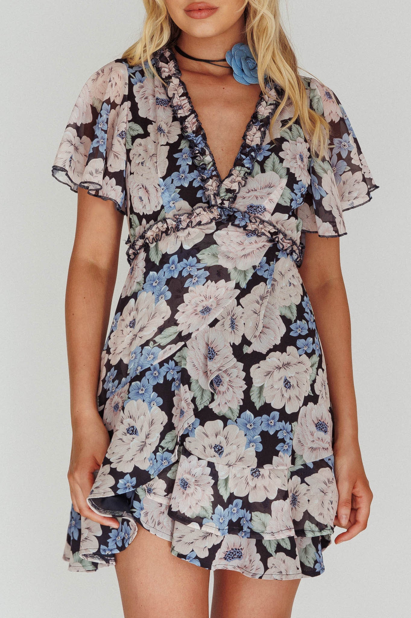 Laney Angel Sleeve Ruffle Dress Floral Blue-Maymioy