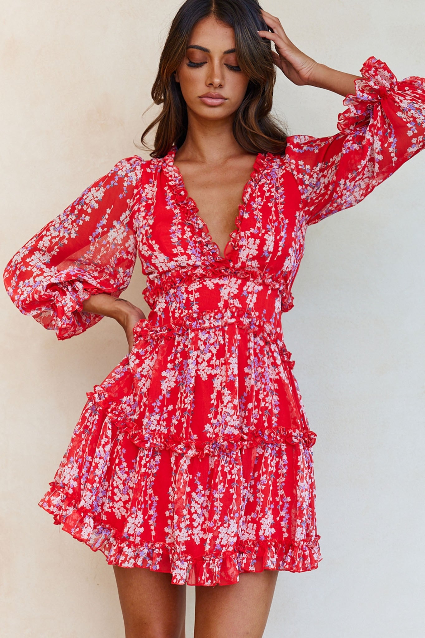 Laney Cutout Back Ruffle Detail Floral Dress Red-Maymioy