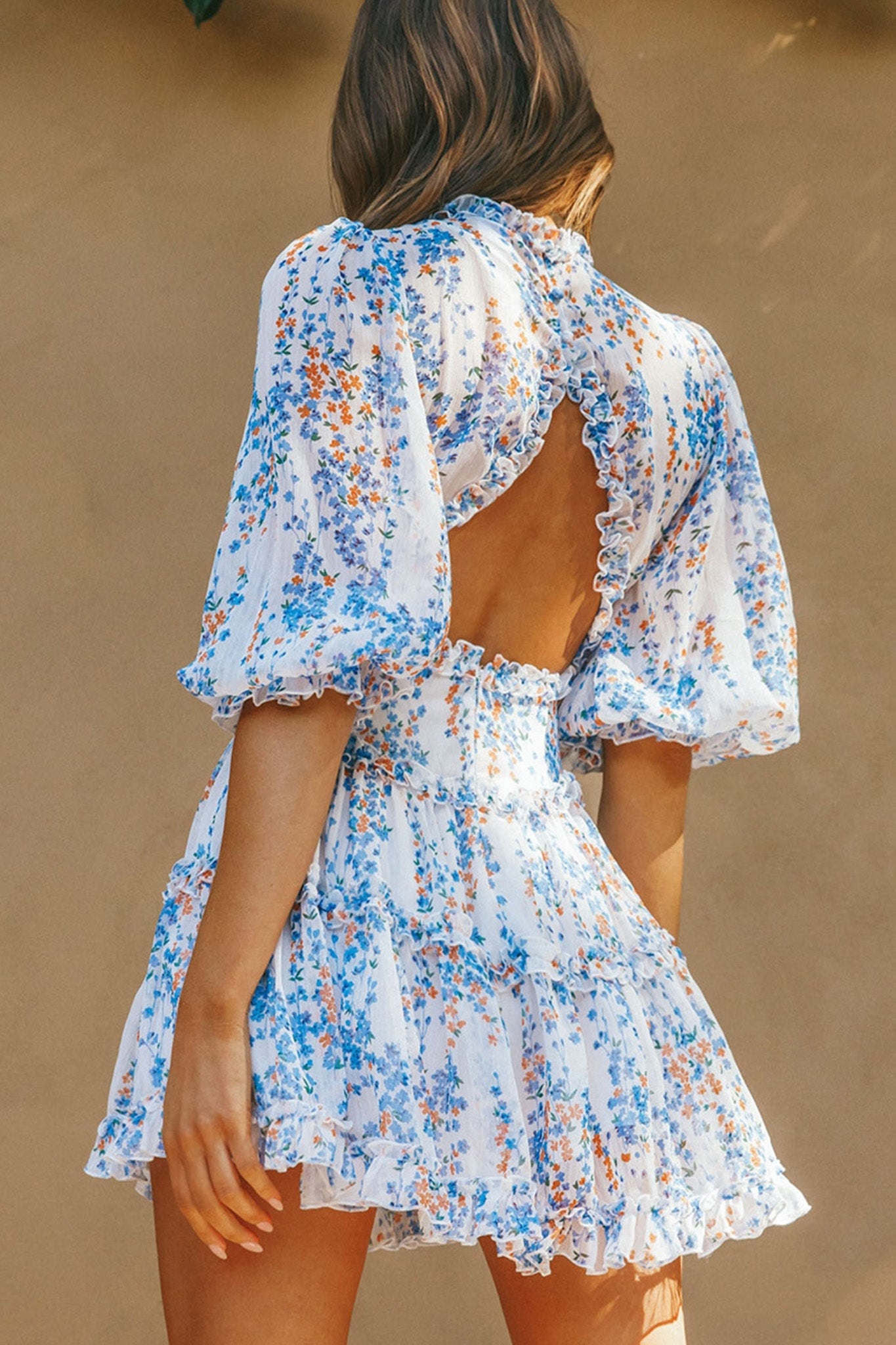 Laney Cutout Back Ruffle Detail Floral Dress White-Maymioy